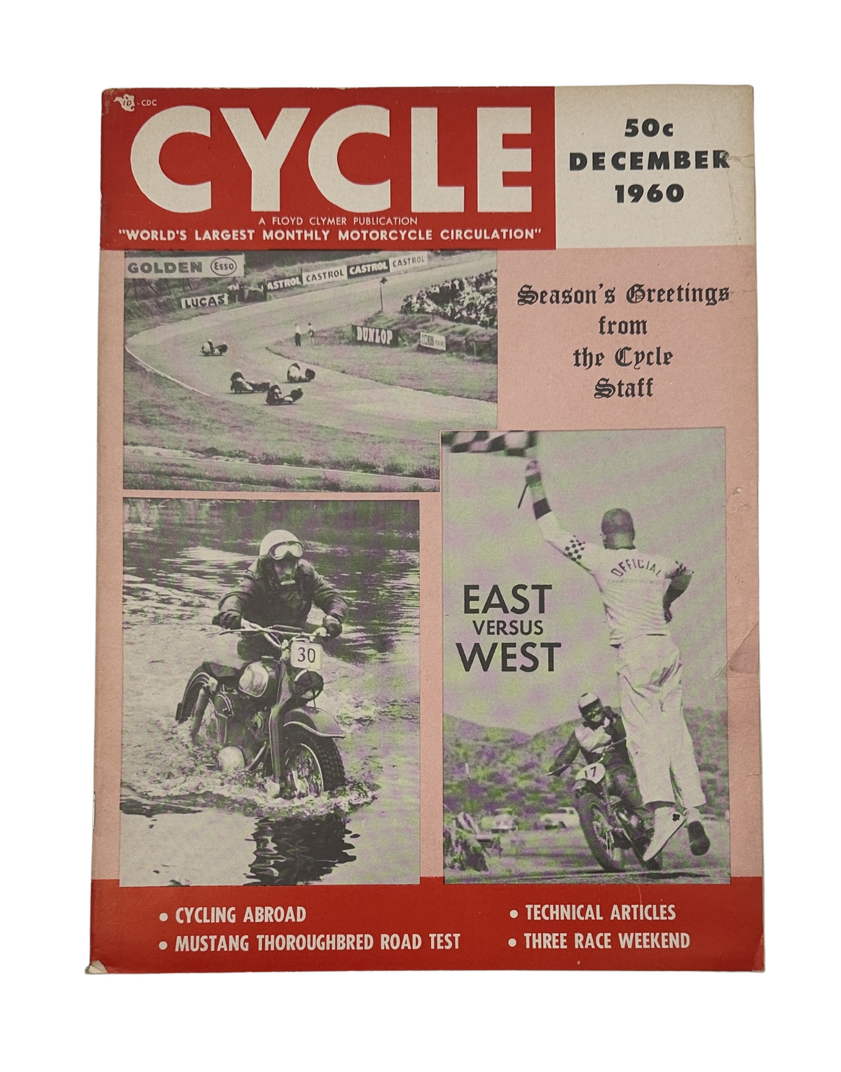 Cycle Magazine December 1960 cover featuring 'East vs West' article with a racer and motorcycle, showcasing the season's greetings from the Cycle staff.