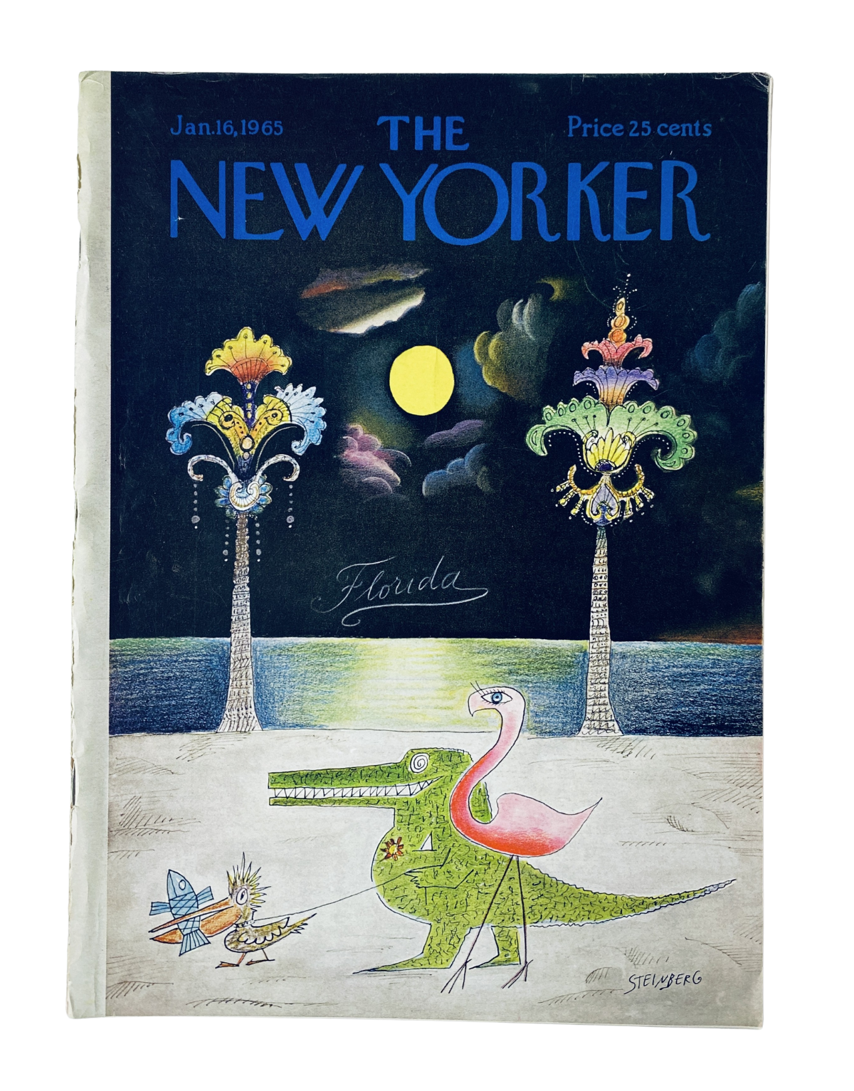 The New Yorker Magazine January 16, 1965 cover featuring a whimsical illustration of a Florida landscape with a pink flamingo and a cartoonish dinosaur, showcasing Saul Steinberg's artistic style.