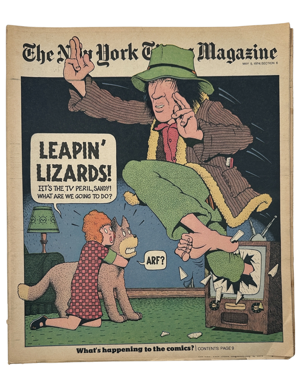 Cover of The New York Times Magazine, May 5, 1974 featuring 'Leapin' Lizards!' comic artwork. The illustration depicts a humorous scene with a man in a hat jumping in shock, accompanied by a child and a dog, addressing the impact of television on comics.