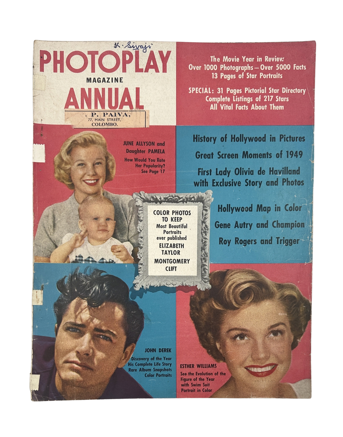 Cover of Photoplay Magazine Annual 1950 featuring Elizabeth Taylor, Montgomery Clift, and John Derek. The magazine showcases a pictorial review of Hollywood events, a star directory, and color portraits, emphasizing iconic moments from 1949 and insights into the star-studded lives of notable figures.