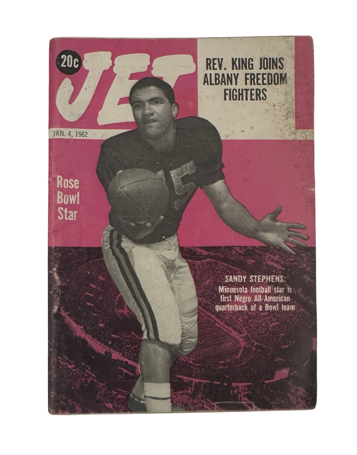 Jet Magazine January 4, 1962 featuring Sandy Stephens, Rose Bowl star, on the cover. The magazine includes details on various topics such as sports, entertainment, and society.
