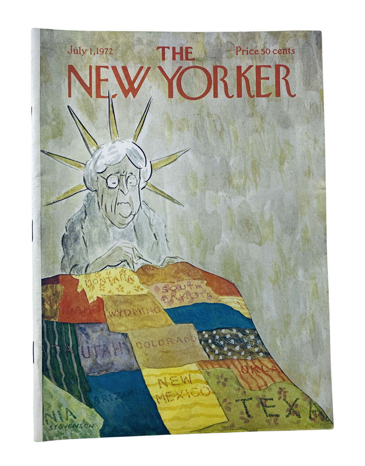 Cover of The New Yorker Magazine from July 1, 1972 featuring a unique illustration by James Stevenson depicting the Statue of Liberty with a colorful map underneath.