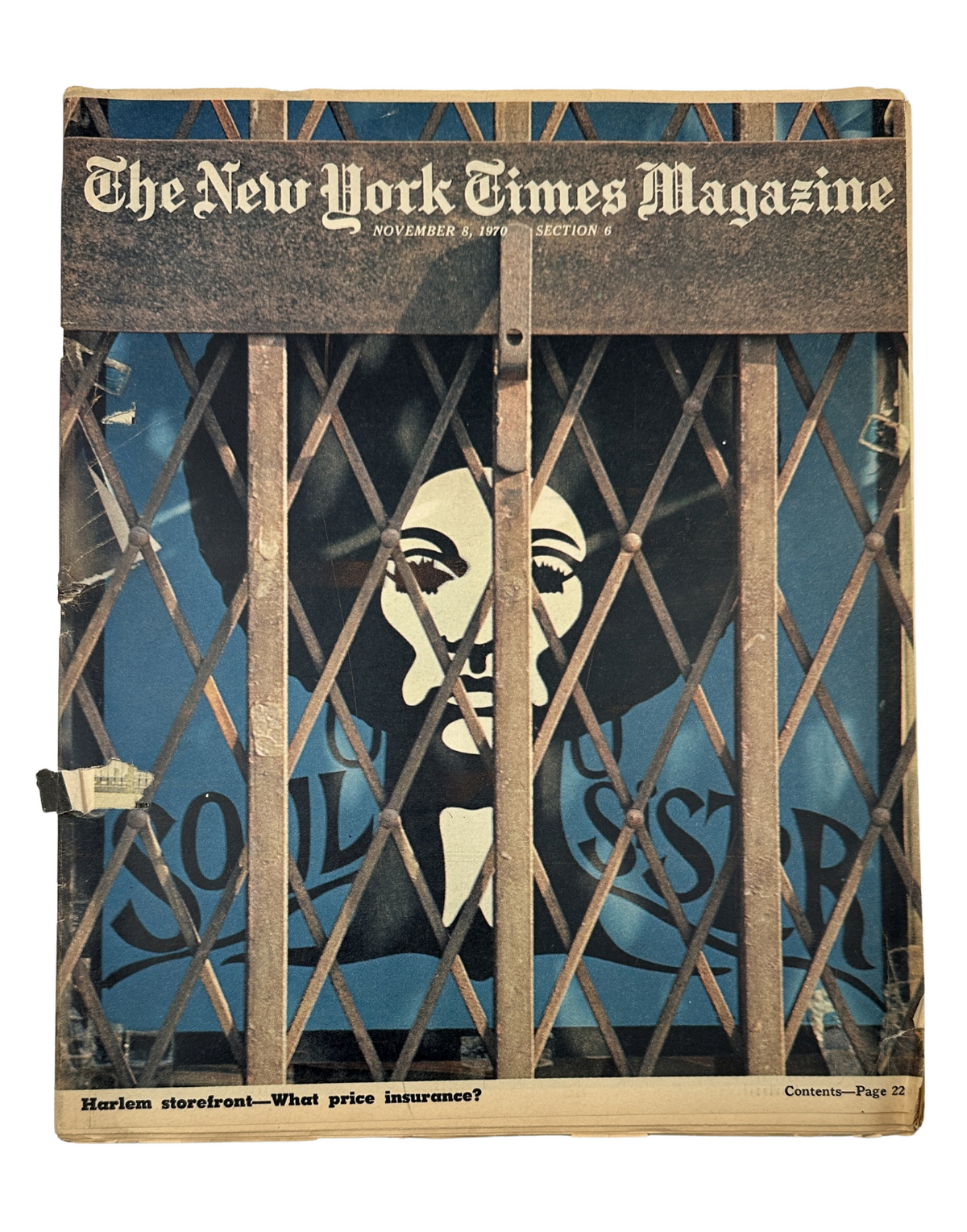 The New York Times Magazine cover from November 8, 1970 featuring an artistic representation of a storefront in Harlem with steel grating, symbolizing issues related to insurance and crime.