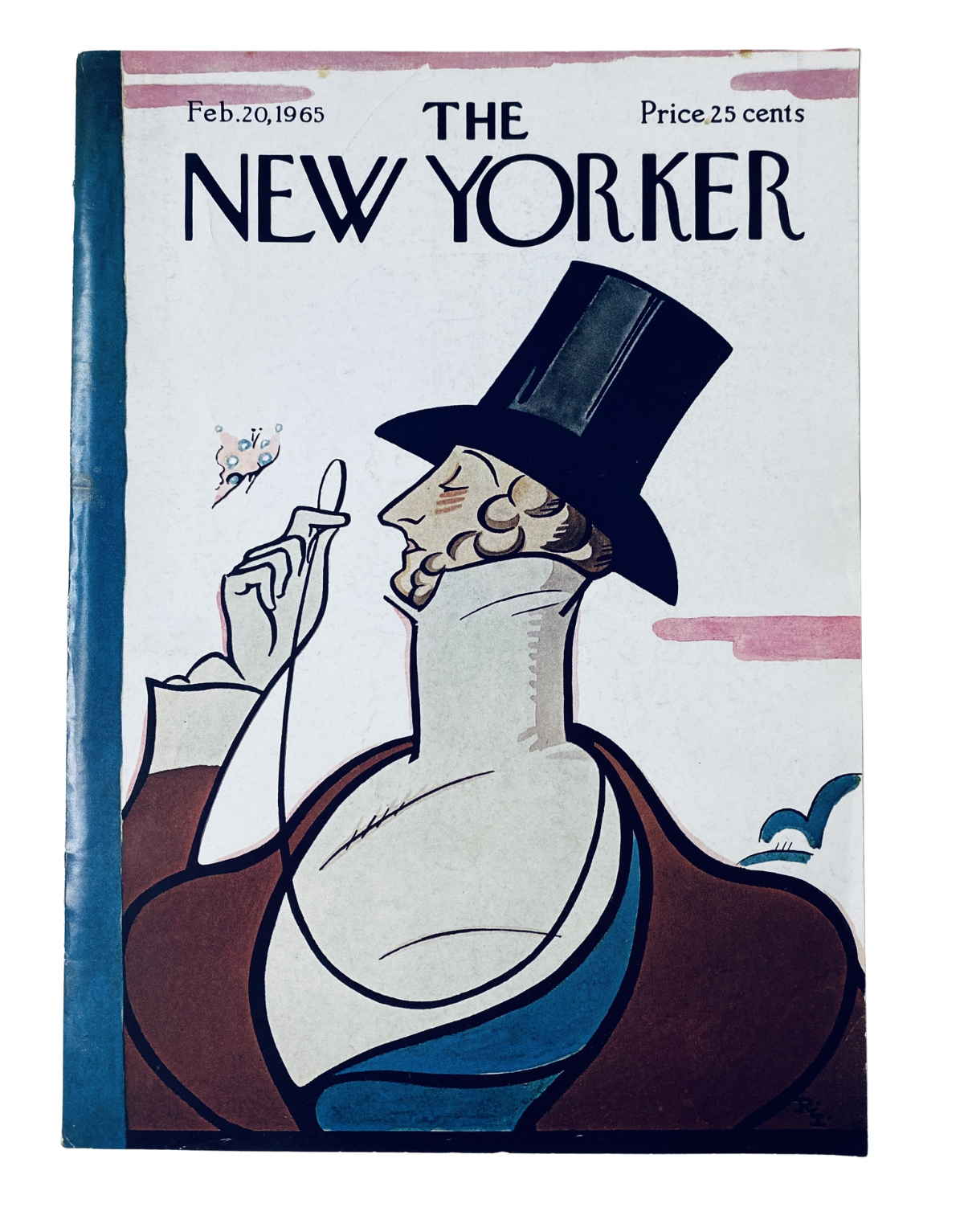 Cover of The New Yorker Magazine February 20, 1965 featuring a whimsical illustration of a man in a top hat, emphasizing its artistic design and vintage appeal. Ideal for collectors and magazine enthusiasts.