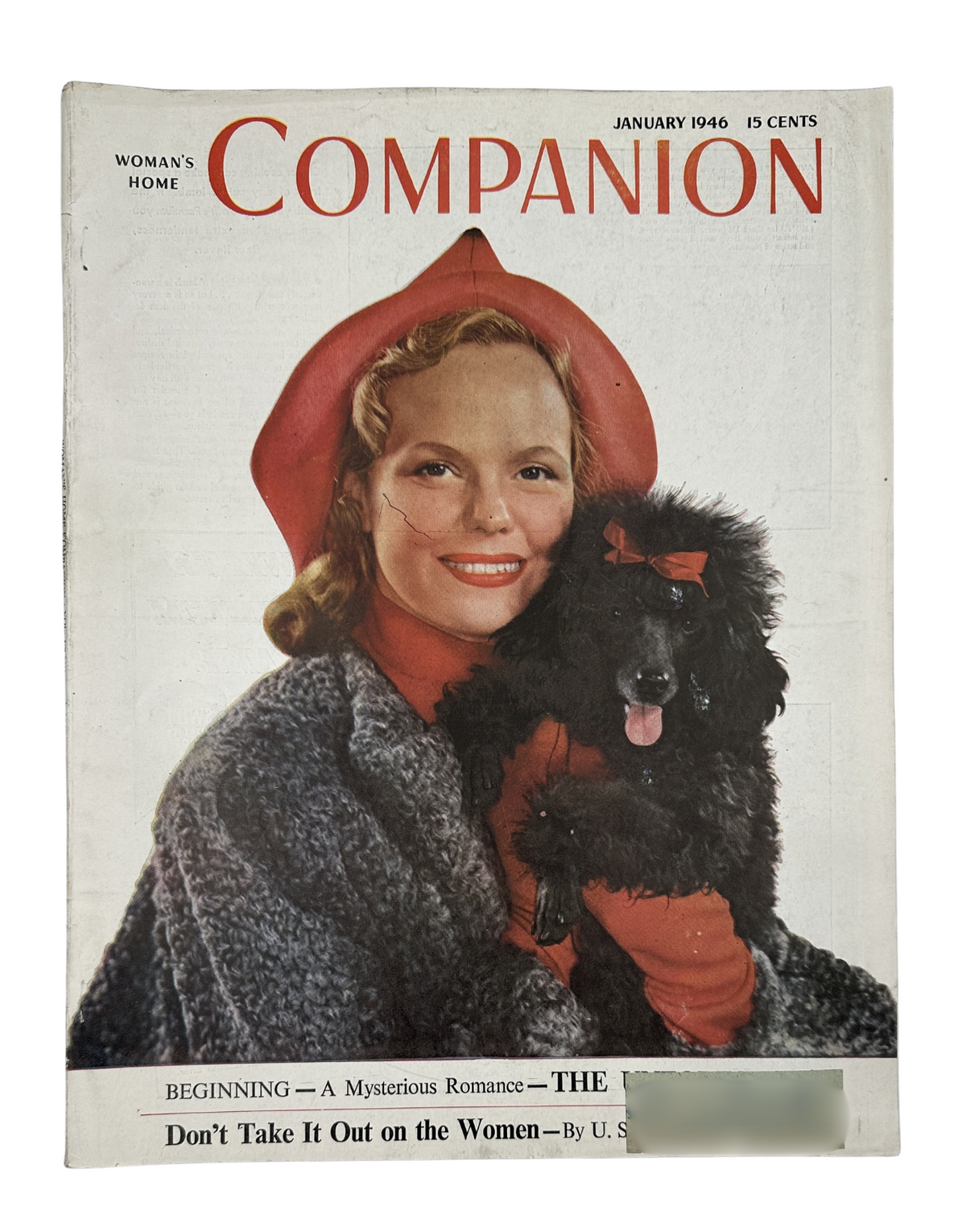 Woman’s Home Companion Magazine January 1946 cover featuring a smiling woman wearing a hat and scarf, holding a poodle. The magazine cover includes the title 'Don’t Take It Out on Women'.