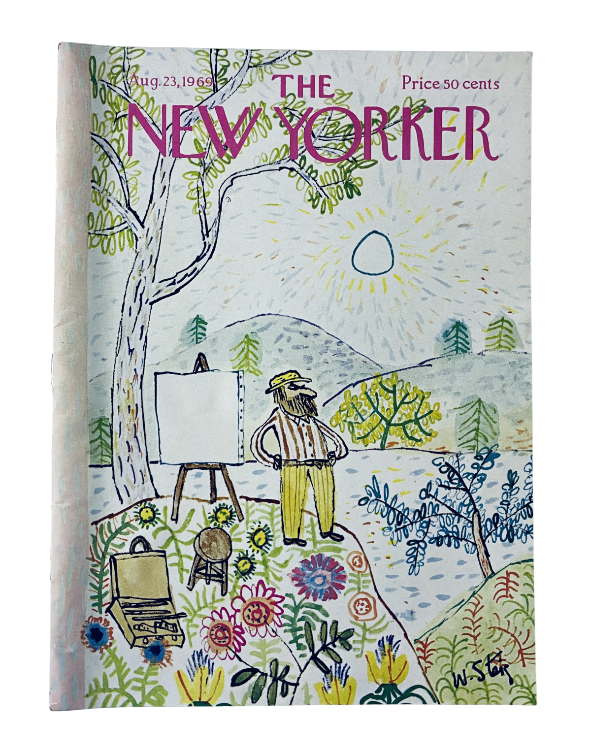 Cover of The New Yorker Magazine from August 23, 1969 featuring a colorful illustration by W. Steig depicting a man in a hat near a canvas surrounded by flowers and trees.