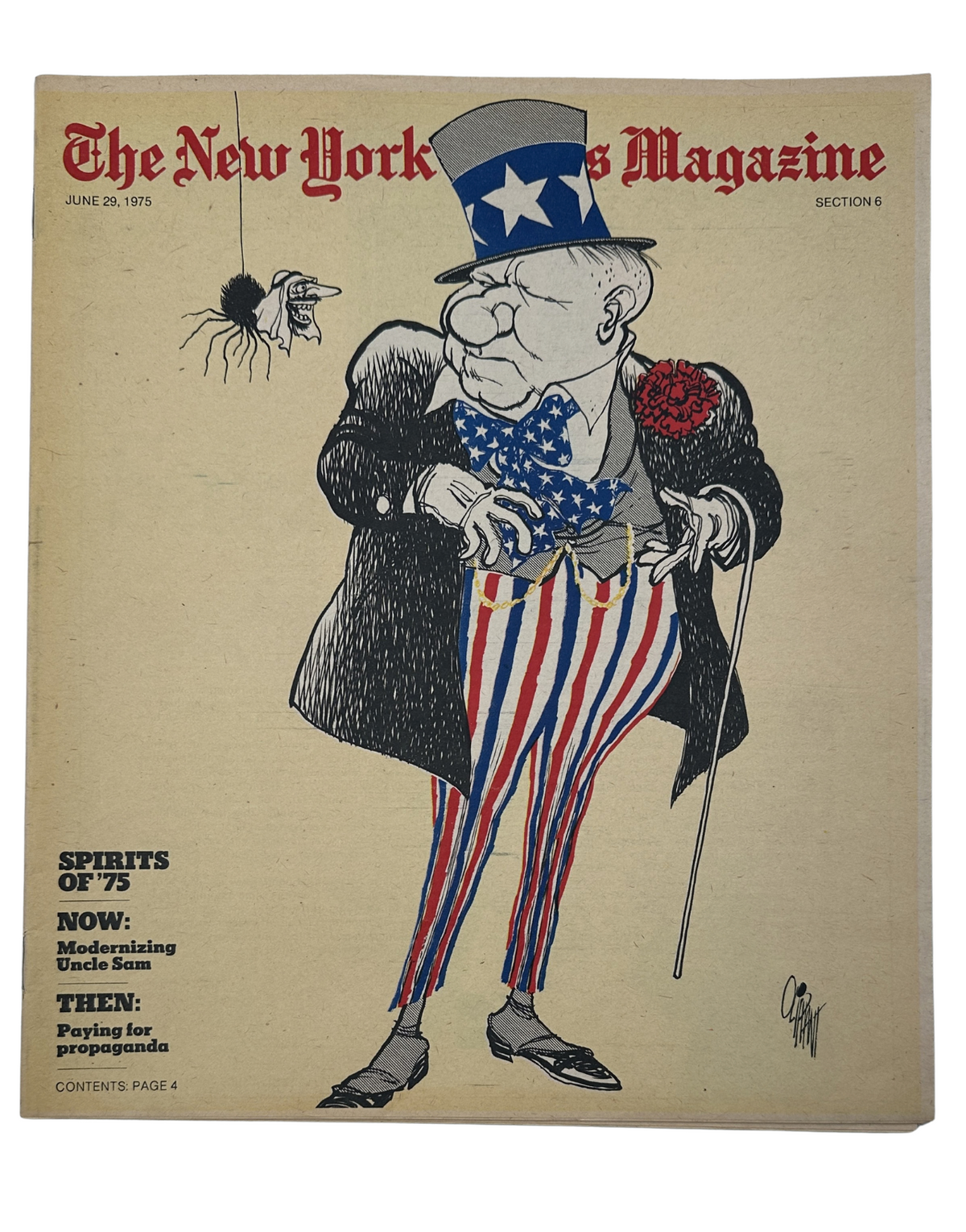 The New York Times Magazine June 29, 1975 cover featuring Uncle Sam in a political cartoon style, alongside a spider and the title 'Spirits of 75'.