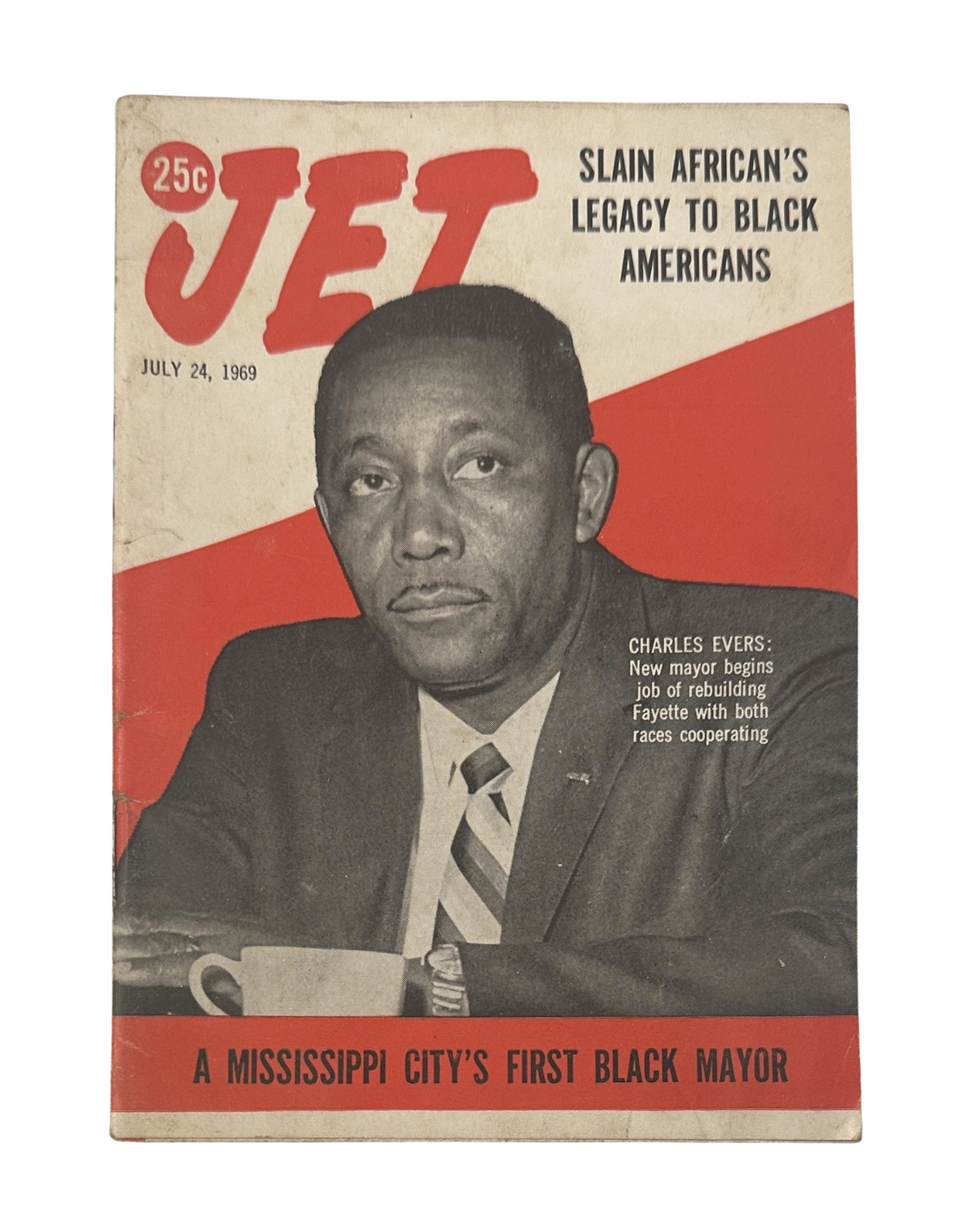 Cover of Jet Magazine from July 24, 1969 featuring Charles Evers, the first Black mayor of a Mississippi city, emphasizing his role and the legacy of slain Africans to Black Americans.