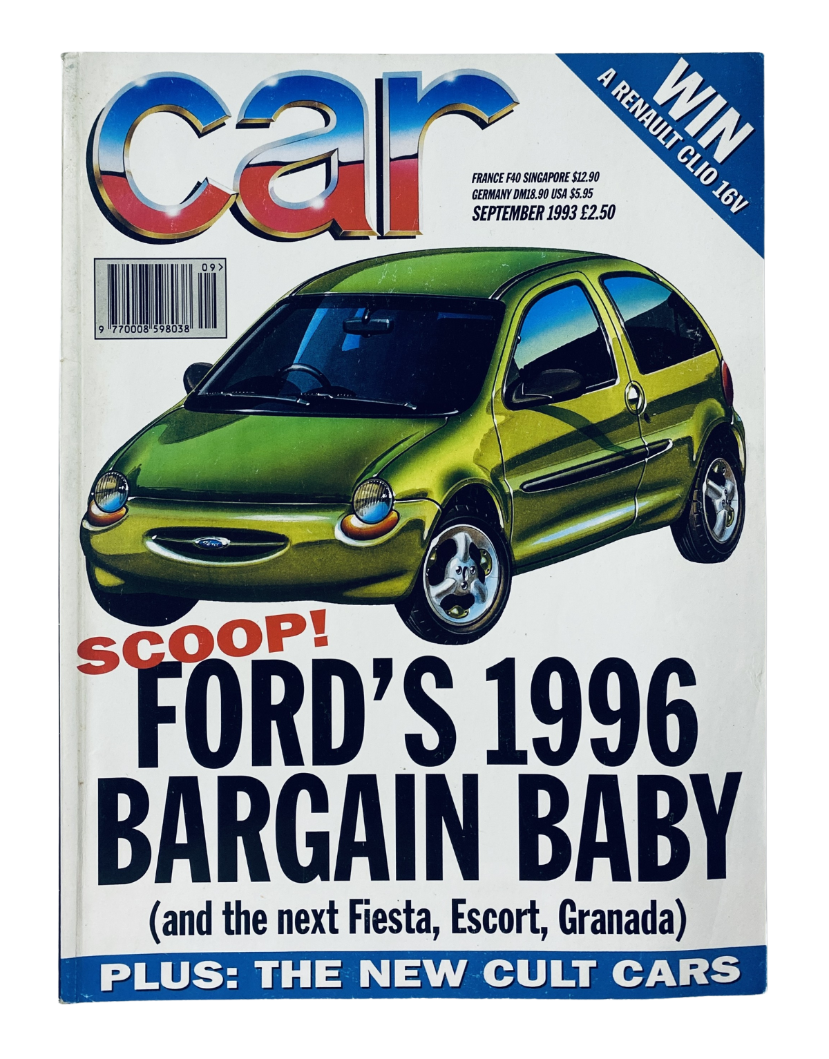 Cover image of CAR Magazine from September 1993 featuring Ford's 1996 Baby Scoop, highlighting new cult cars and a contest to win a Renault Clio 16V.