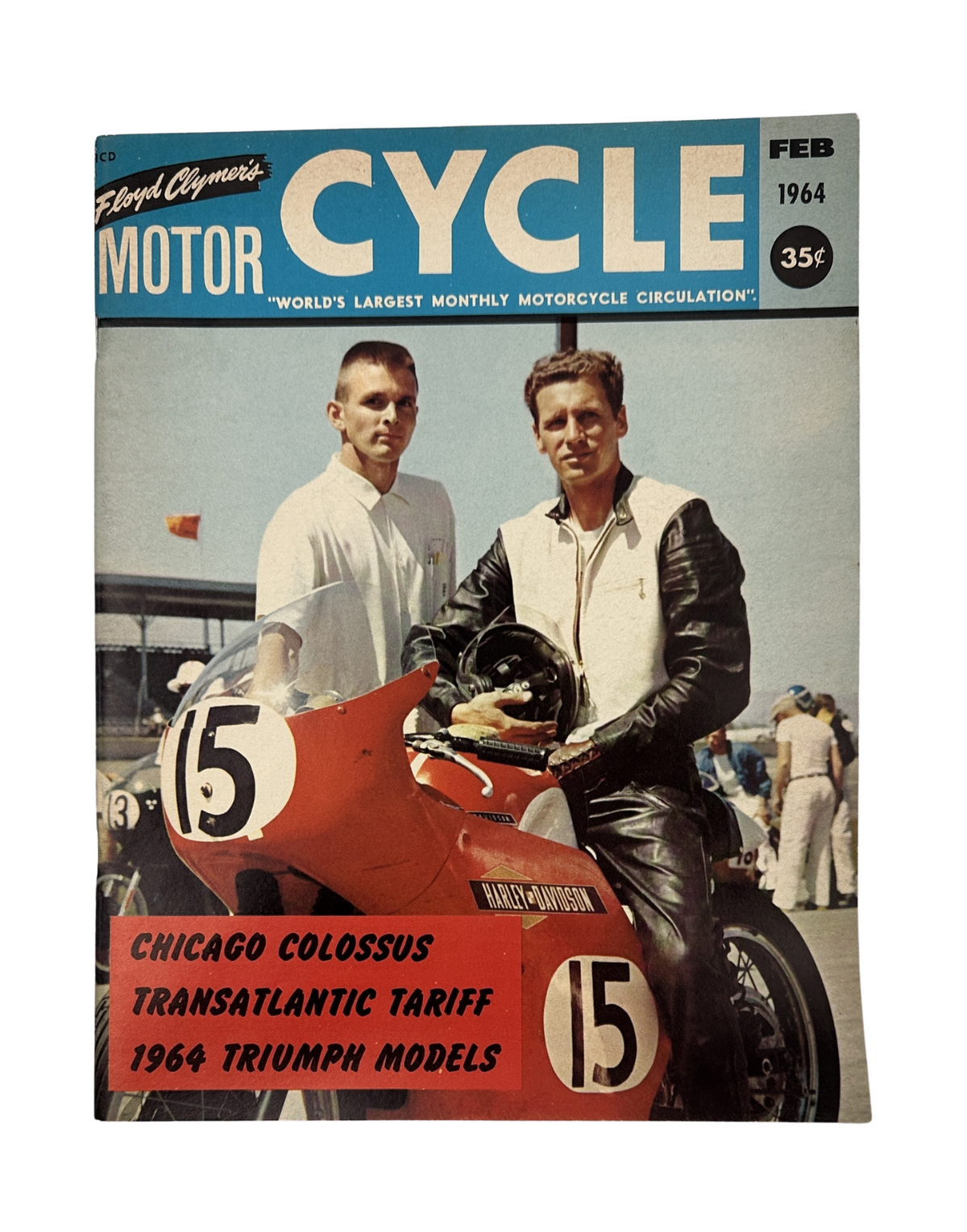 Cycle Magazine February 1964 cover featuring Triumph models, Chicago Colossus, and Transatlantic Tariff, showcasing motorcycle culture.