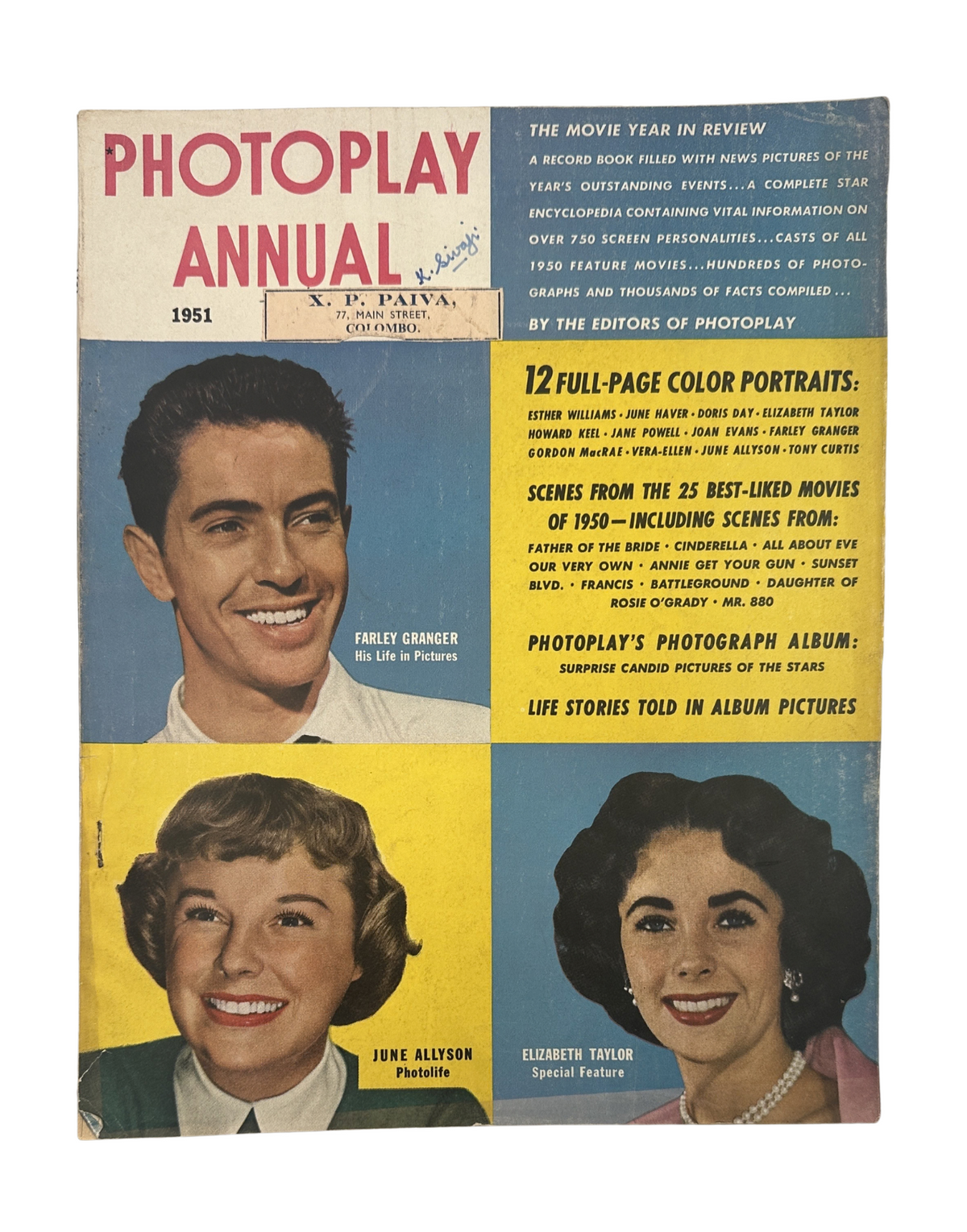 Cover of the Photoplay Magazine Annual 1951 featuring notable stars Elizabeth Taylor, Farley Granger, and June Allyson, showcasing colorful portrait photographs and the title prominently displayed.