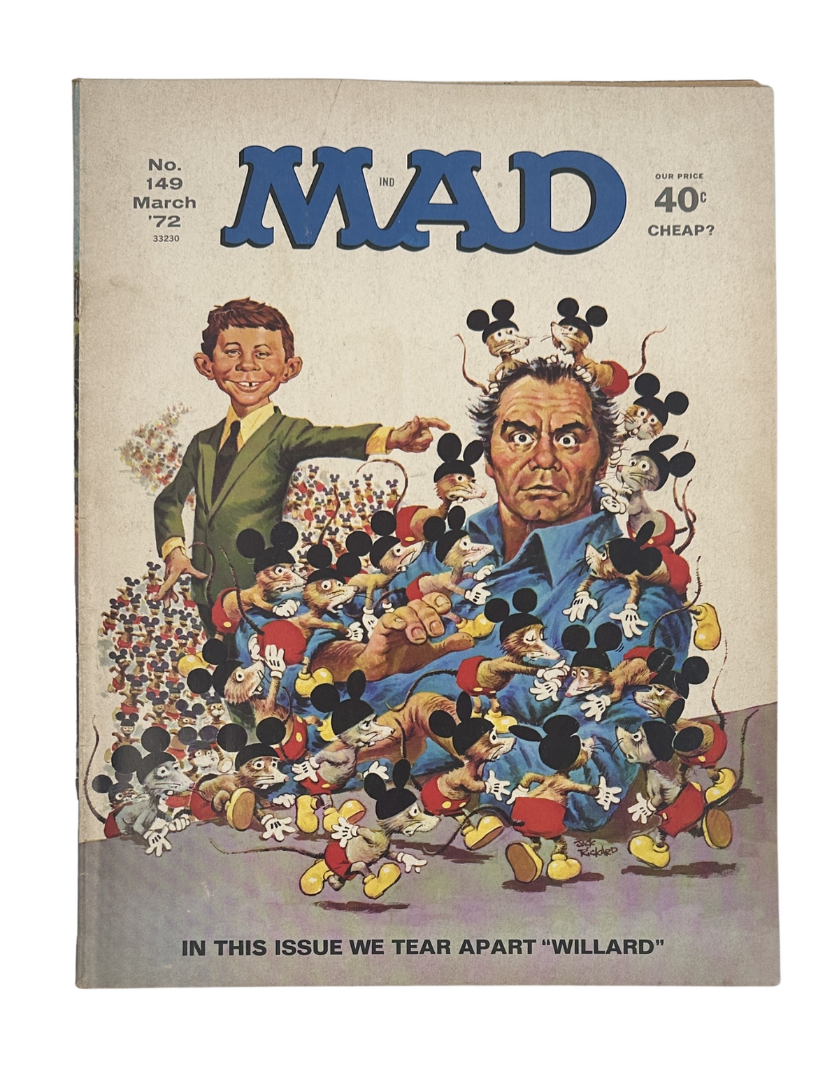 MAD Magazine No. 149 March 1972 cover featuring a humorous illustration with characters from the 'Willard' movie parody and numerous mice, designed to satirize the film. It showcases the magazine's iconic style and witty commentary on pop culture.