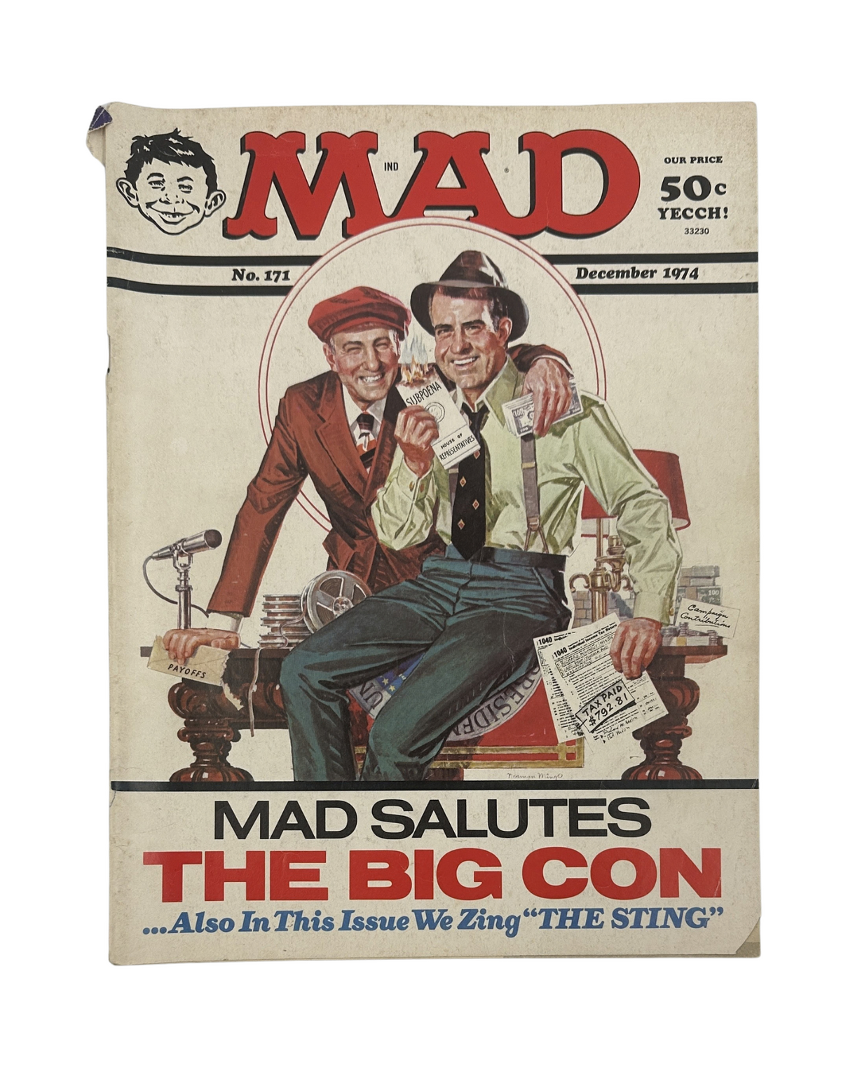 MAD Magazine No. 171 cover from December 1974 featuring characters dressed in vintage attire, highlighting the theme 'MAD Salutes The Big Con'. The magazine includes references to the movie satire 'The Sting'.