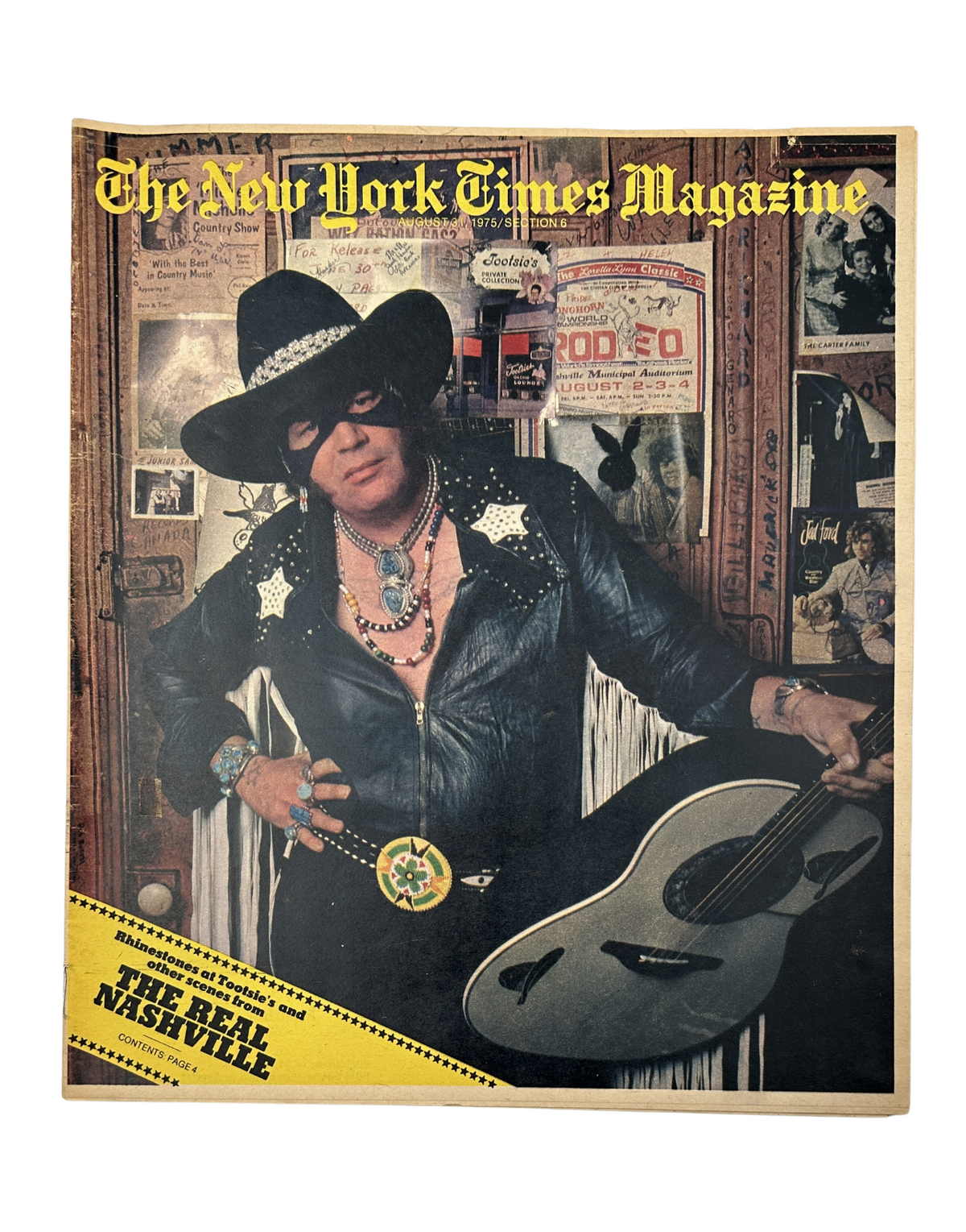 Cover of The New York Times Magazine August 31, 1975 featuring David Allan Coe, the Mysterious Rhinestone Cowboy, posing in a dramatic outfit with a guitar, highlighting Nashville's vibrant country music scene.