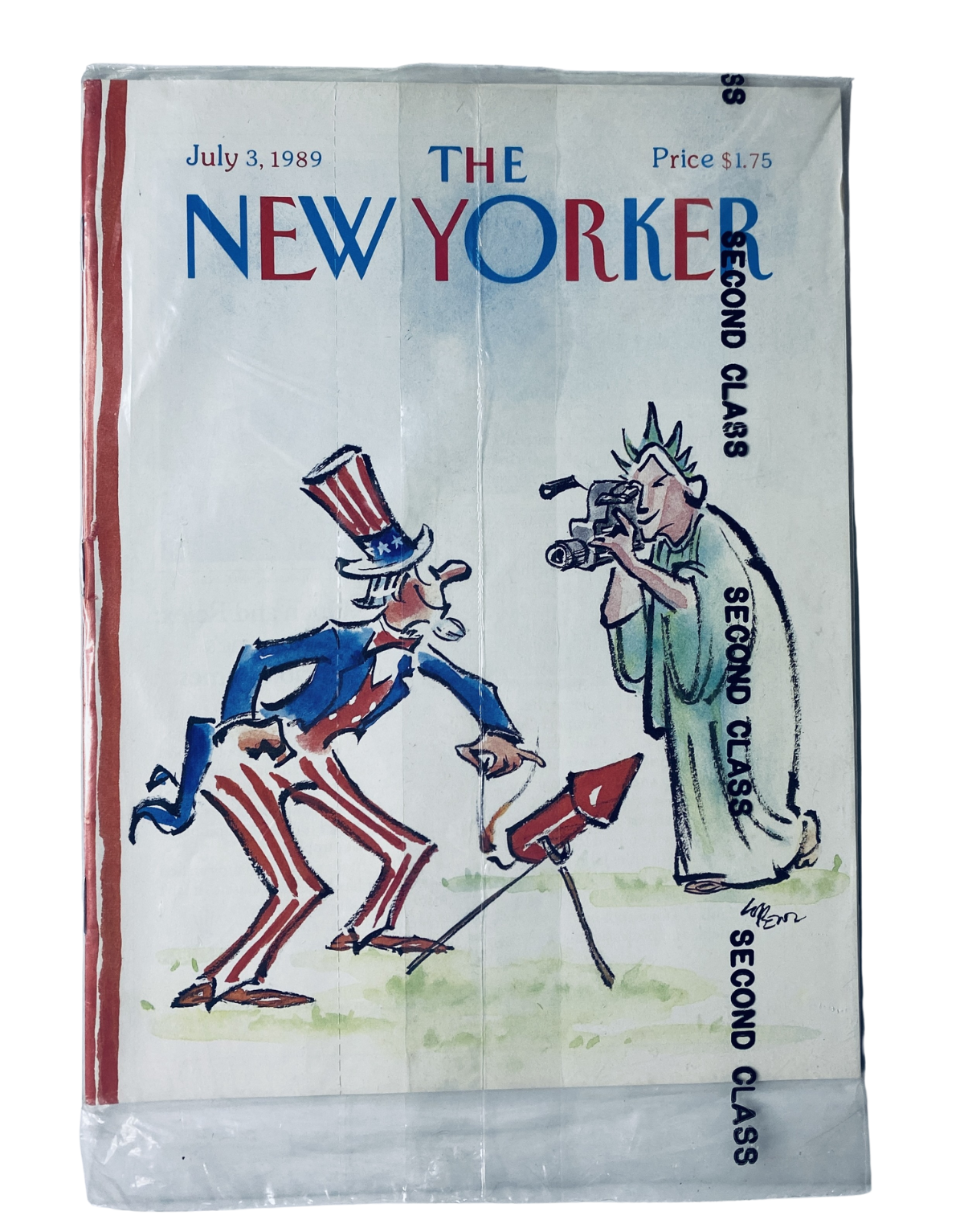 SEALED The New Yorker Magazine July 3, 1989 featuring Uncle Sam and the Statue of Liberty on the cover, illustrated by Lee Lorenz, showcasing a festive fireworks theme.