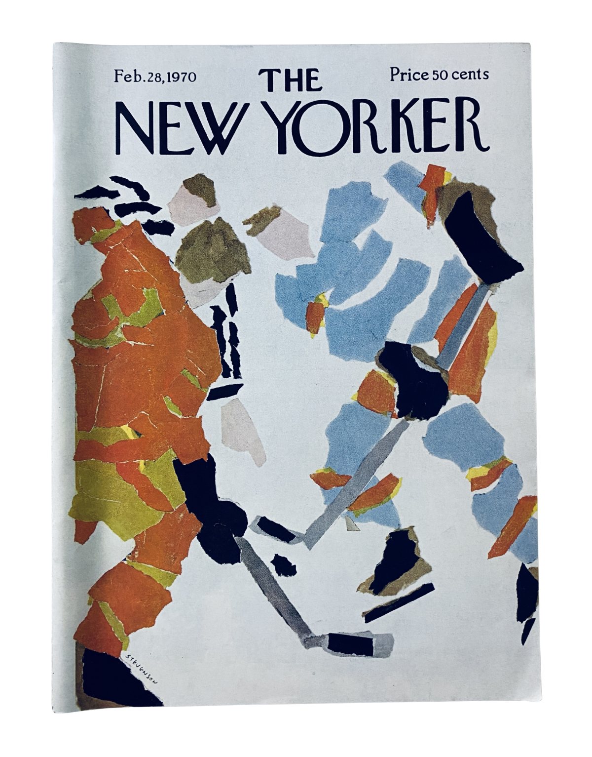 The New Yorker Magazine February 28, 1970 cover featuring an abstract illustration of hockey players in vibrant colors, priced at 50 cents, in very good condition.