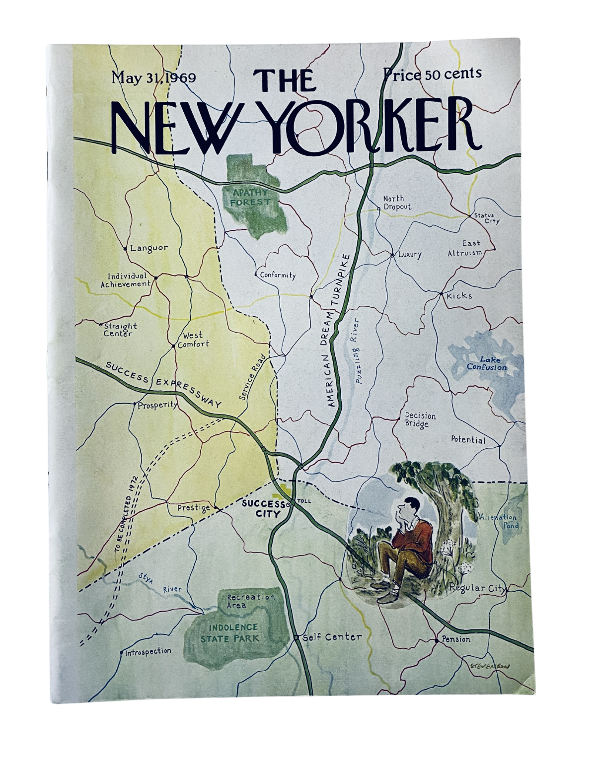 Cover of The New Yorker Magazine May 31, 1969 featuring an illustrated map cover by James Stevenson. The map includes whimsical locations and scenic illustrations.