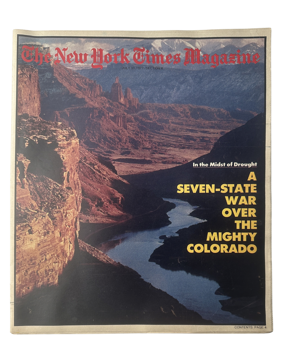 The New York Times Magazine July 31, 1977 cover featuring a dramatic landscape of the Colorado River. The headline reads 'In the Midst of Drought: A Seven-State War Over the Mighty Colorado.' The image captures the natural beauty and environmental significance of the region.