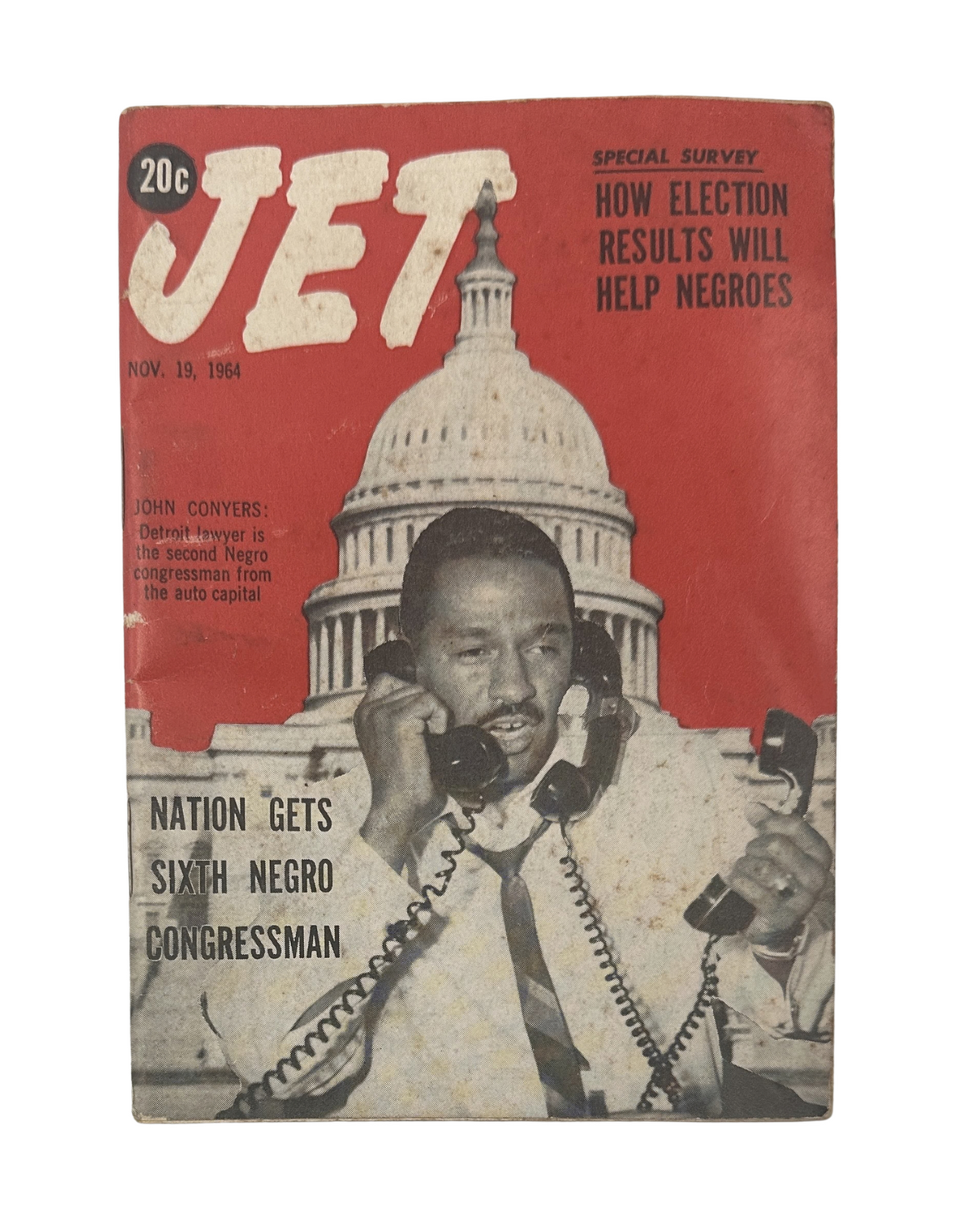 Jet Magazine November 19, 1964 featuring John Conyers on the cover, highlighting election survey results and the significance of the vote for African Americans, with the U.S. Capitol in the background.