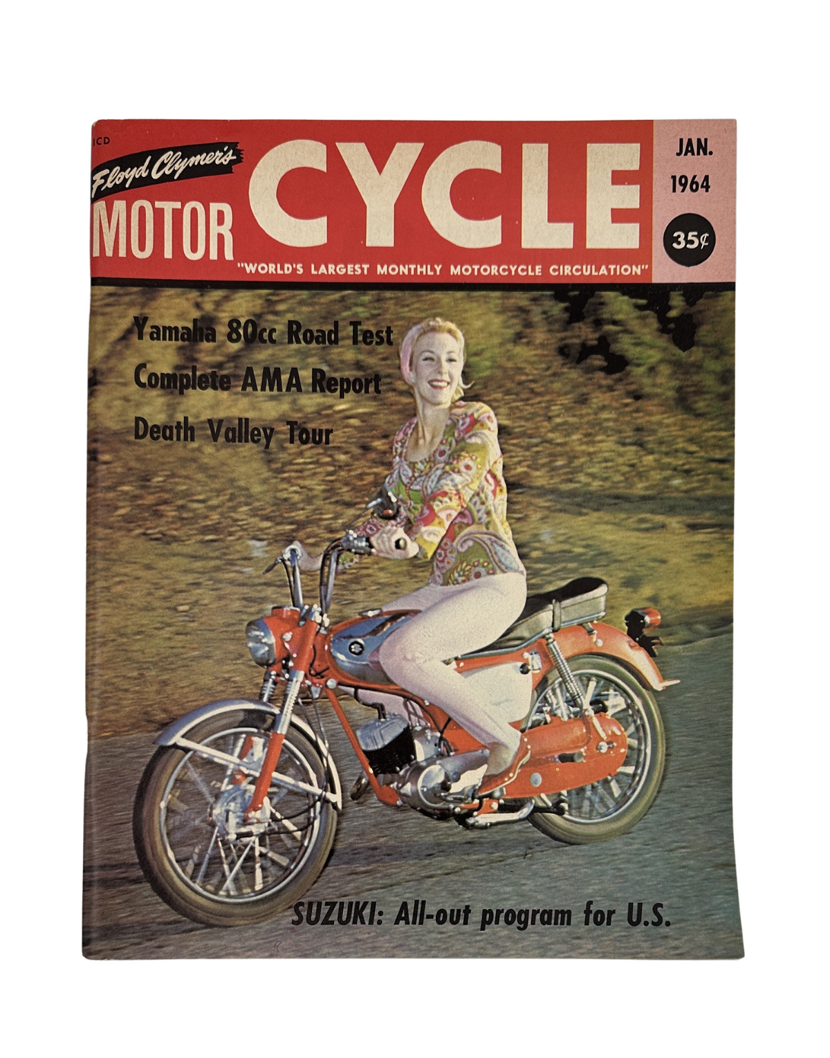 Cycle Magazine January 1964 featuring Yamaha 80cc Road Test, Complete A.M.A. Report, and Death Valley Tour on the cover with a woman posing beside a classic motorcycle.