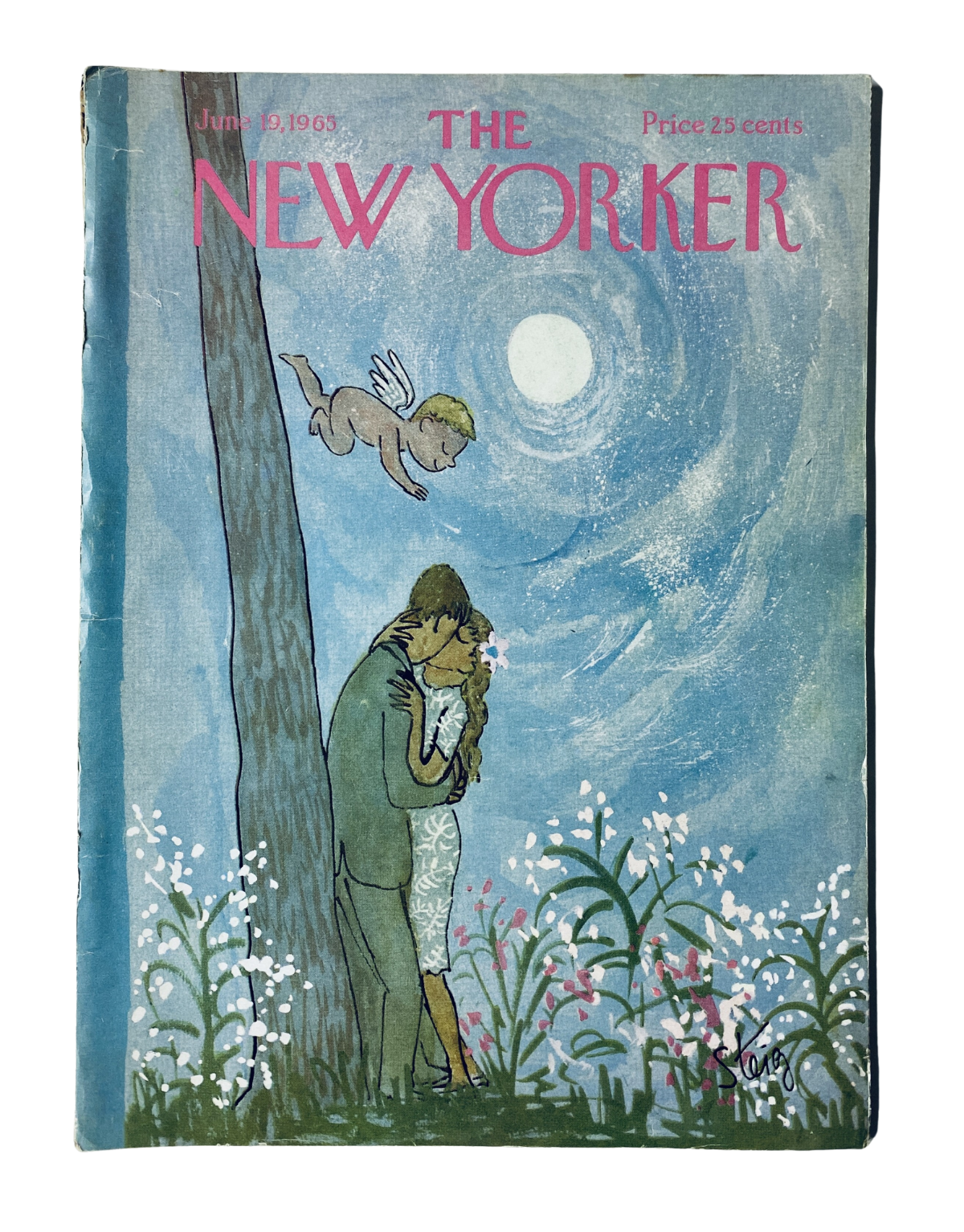 The New Yorker Magazine June 19, 1965 cover featuring a romantic scene with a couple surrounded by flowers, illustrated in a vibrant style.