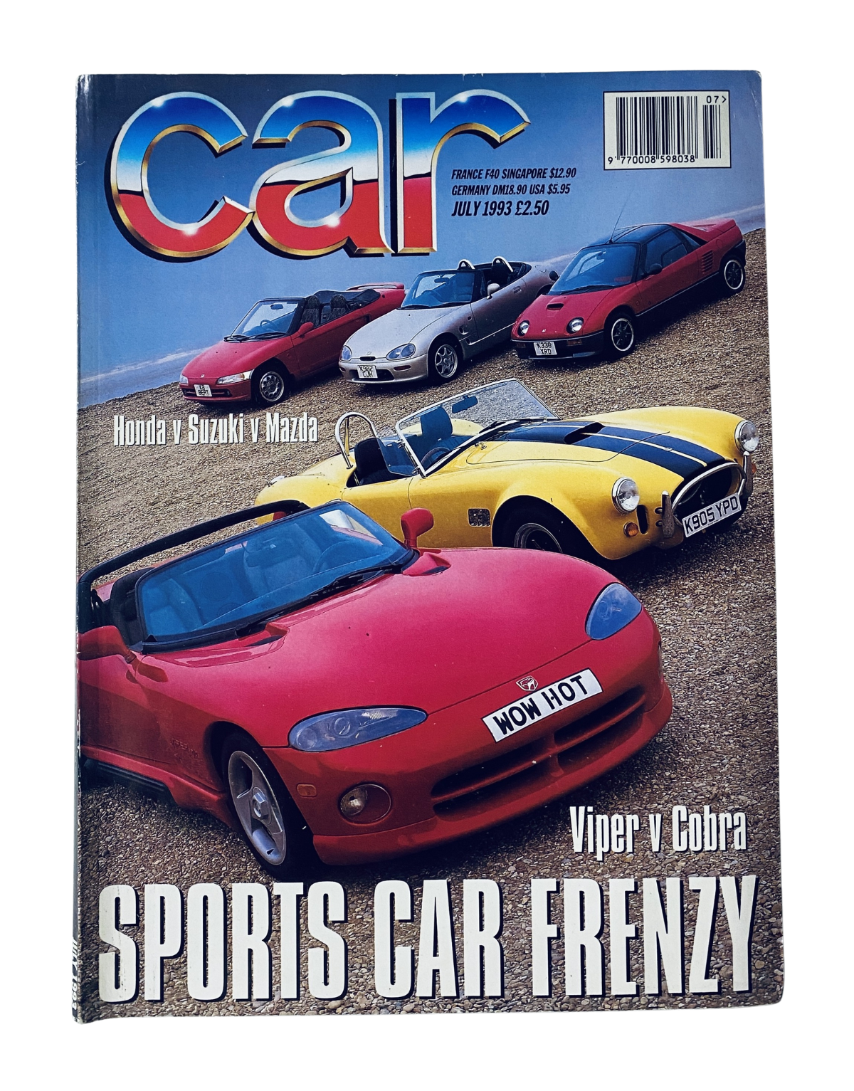 Cover of CAR Magazine July 1993 featuring a Sports Car Frenzy theme with Viper vs Cobra, showcasing various sports cars including Honda, Suzuki, and Mazda.