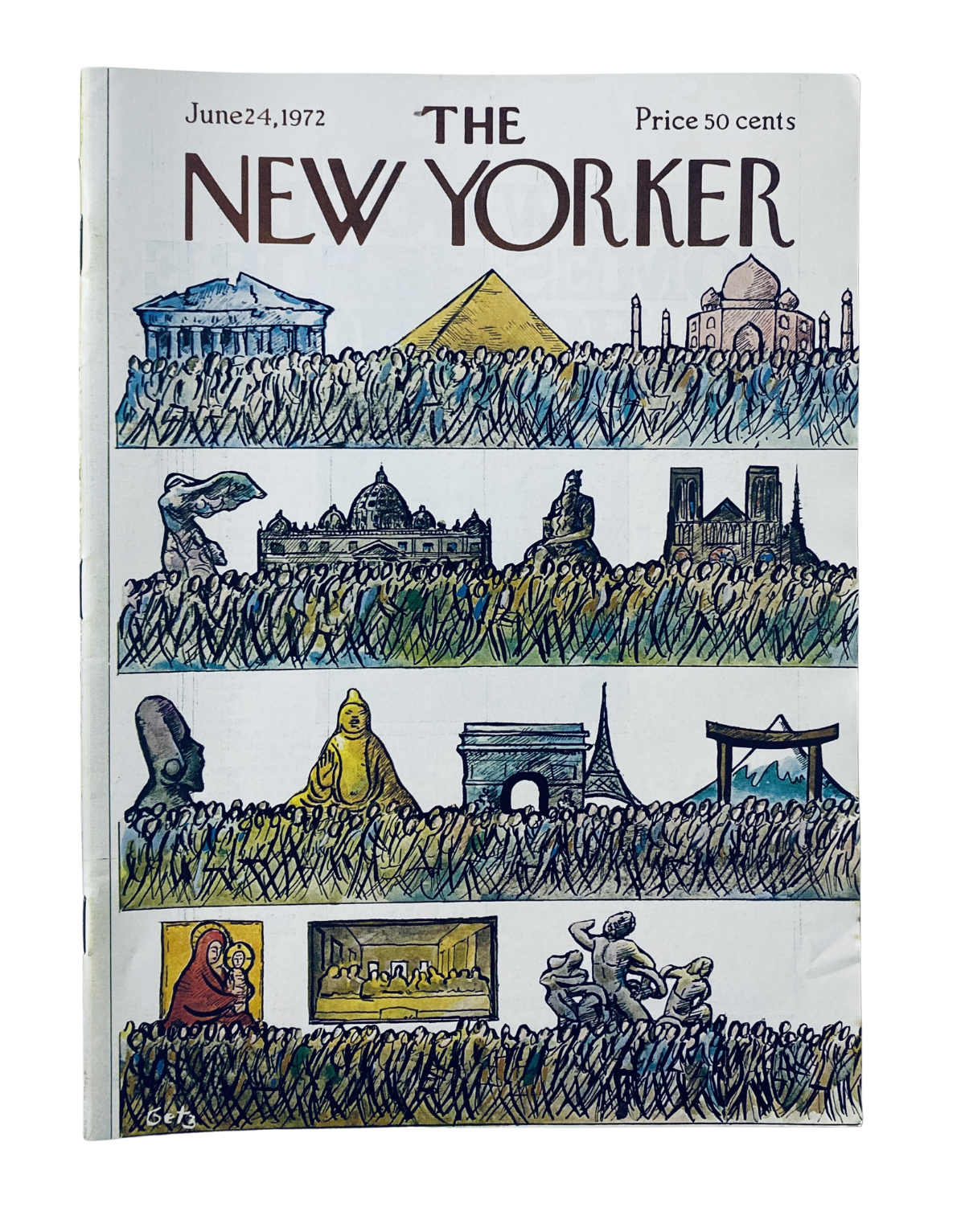 Cover of The New Yorker Magazine, June 24, 1972, featuring a design by Arthur Getz depicting various world landmarks with a crowd illustration, priced at 50 cents.