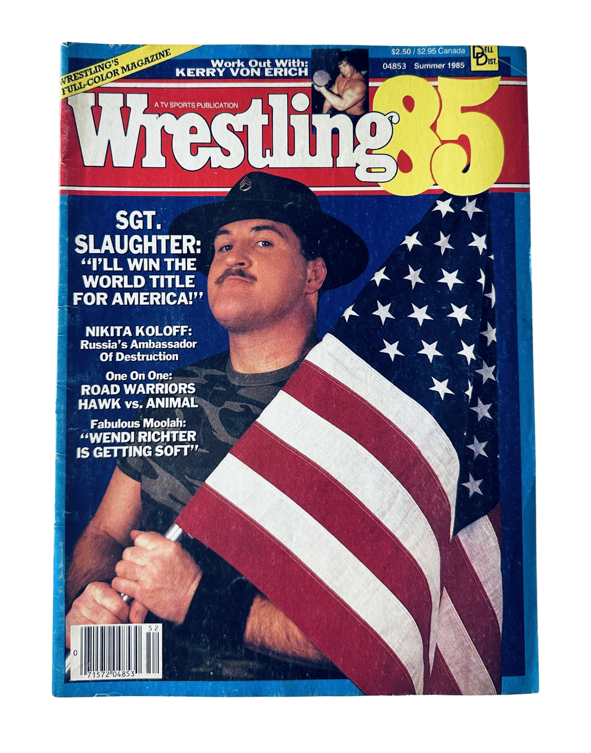 Cover of Wrestling '85 Magazine from June 1985 featuring Sgt. Slaughter holding an American flag, promoting wrestling news and events.