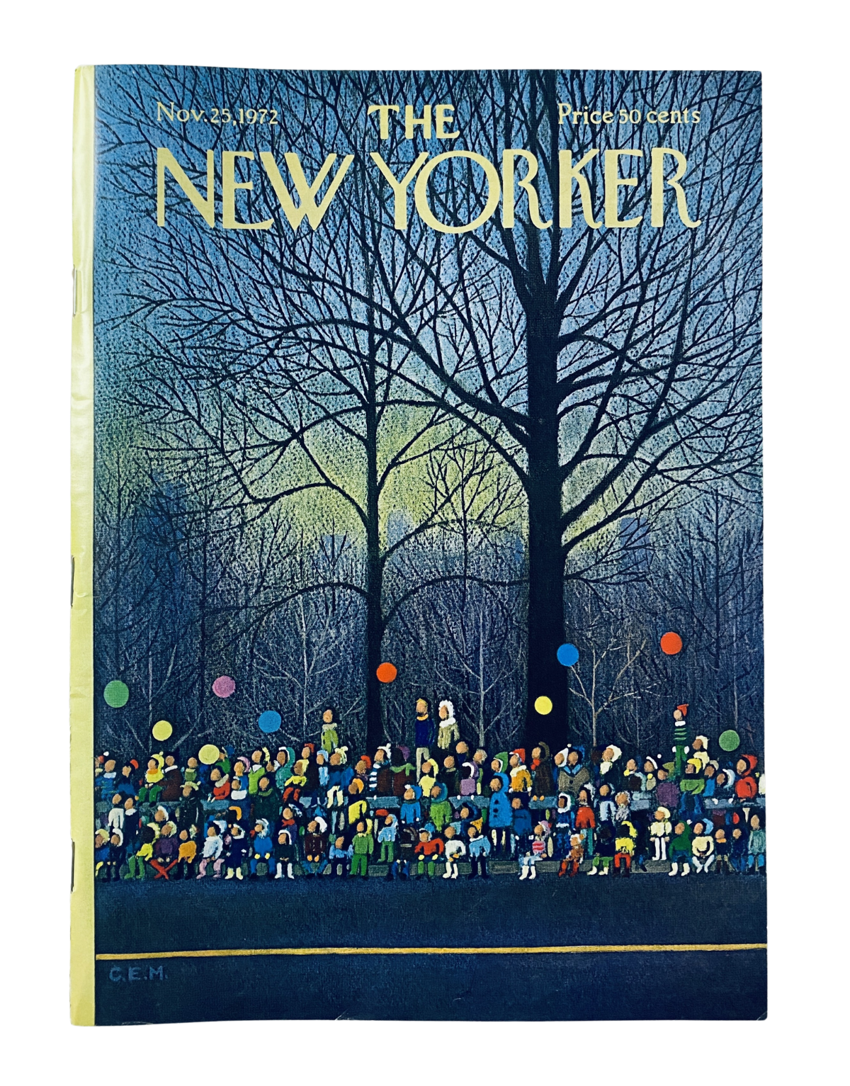 The New Yorker Magazine cover from November 25, 1972, featuring a colorful crowd of people amidst tall trees, illustrating the magazine's unique artistic style by Charles Martin.
