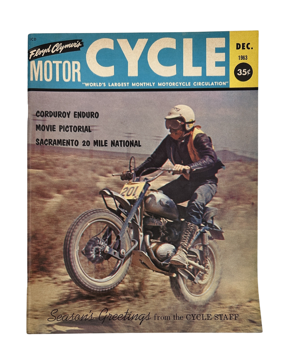 Cycle Magazine December 1963 featuring Corduroy Enduro and Sacramento 20 Mile National cover, showcasing a motorcycle rider in action.