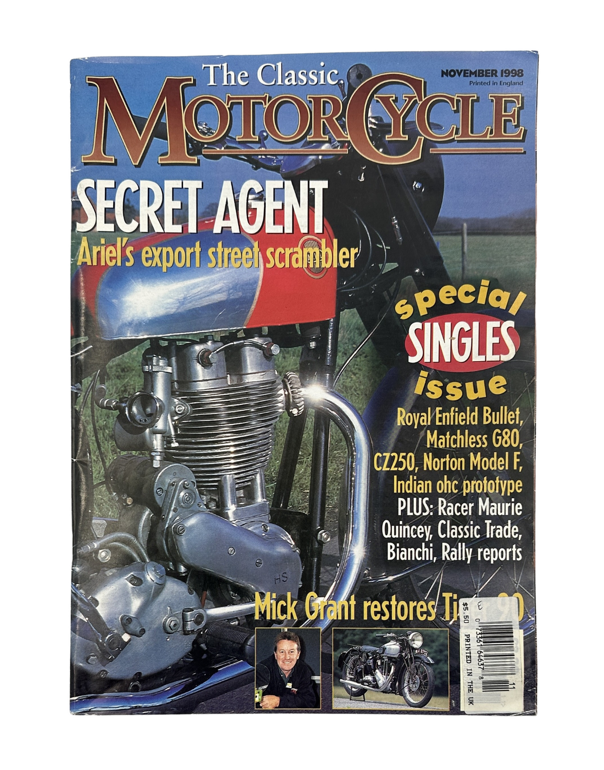 Cover of The Classic Motorcycle Magazine, November 1998, featuring the Ariel Scrambler and a Norton model with a headline on secret agents and singles issue.
