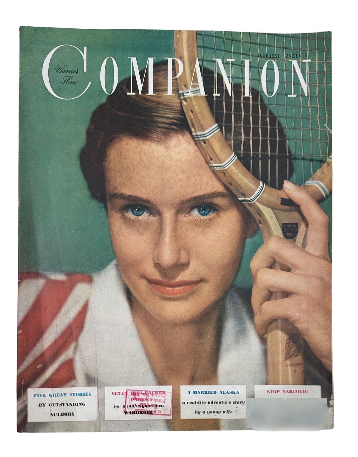 Cover of Woman’s Home Companion Magazine June 1951 featuring a young woman with a tennis racket, highlighting the issue titled 'I Married Alaska' and 'Stop Narcotic'.
