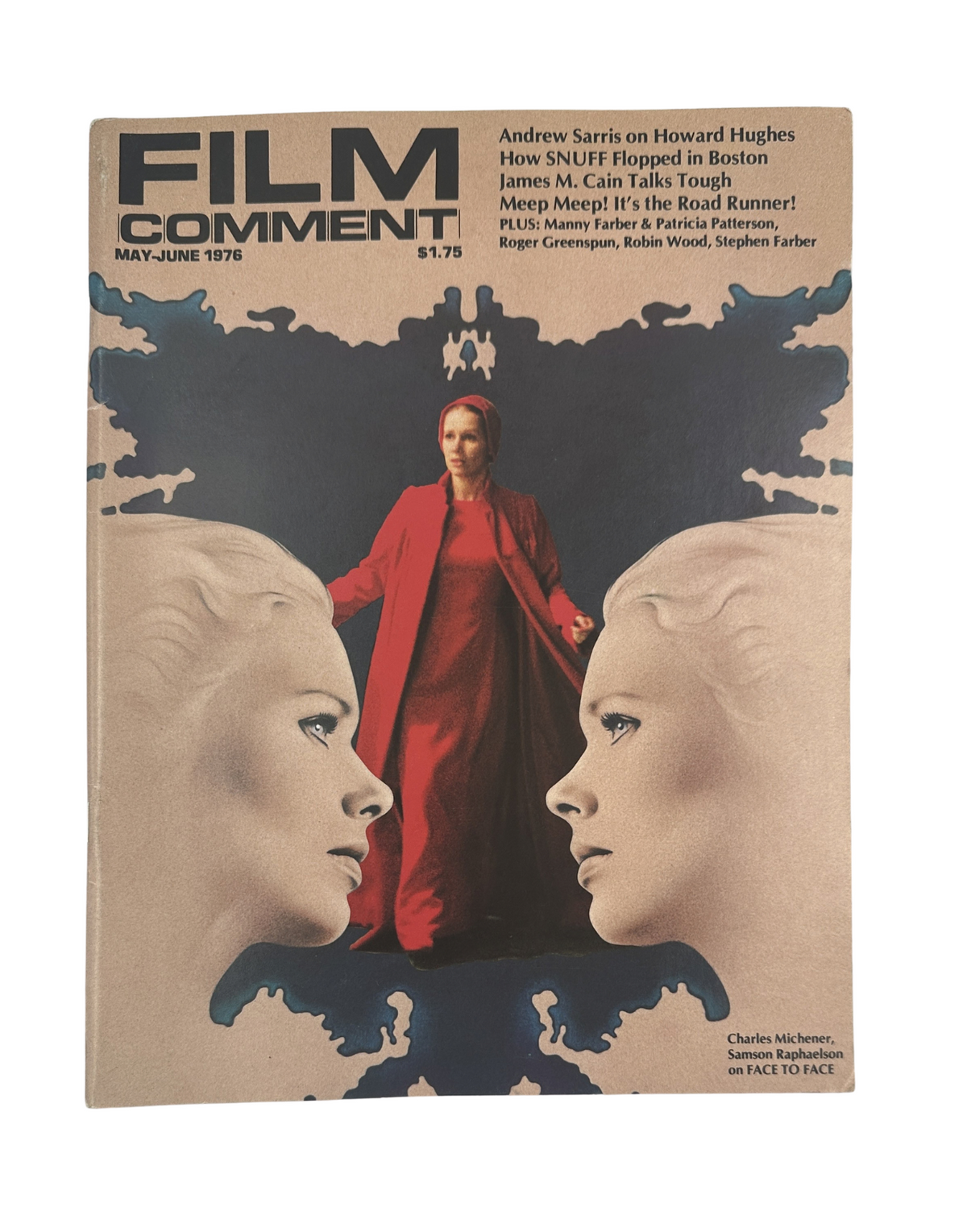 Cover of Film Comment Magazine May-June 1976 featuring articles on Howard Hughes, James M. Cain, and The Road Runner, with artistic visuals of faces and a striking red cloaked figure.