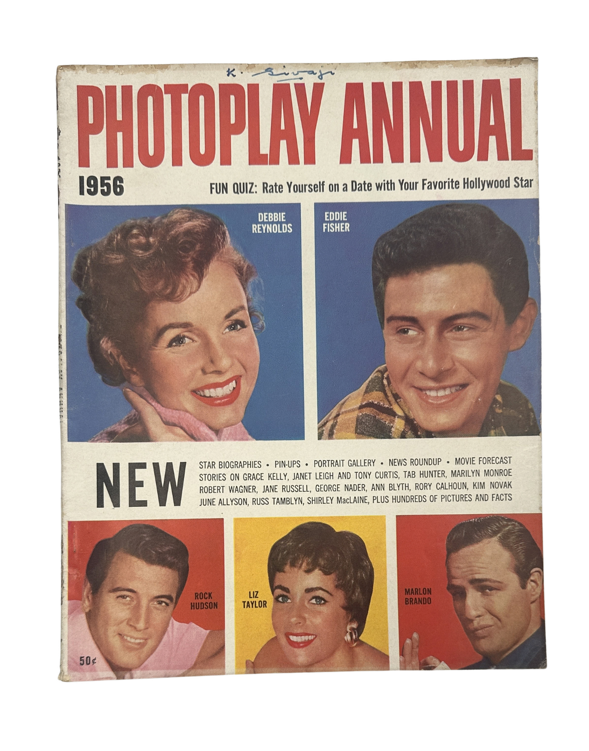Cover of Photoplay Annual Magazine 1956 featuring images of Debbie Reynolds, Eddie Fisher, and Liz Taylor, showcasing vibrant colors and Hollywood glamour.
