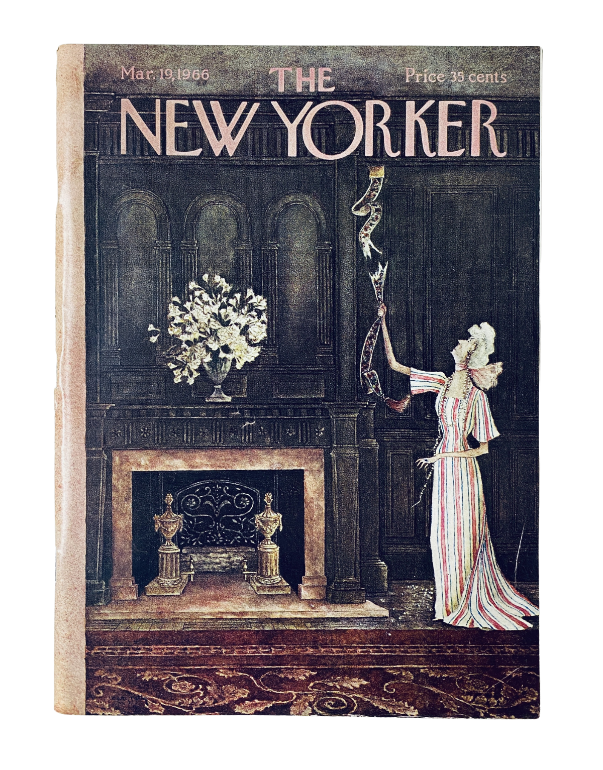 The New Yorker Magazine March 19, 1966 illustrated interior cover featuring a woman in elegant attire standing next to a fireplace, showcasing classic vintage design.