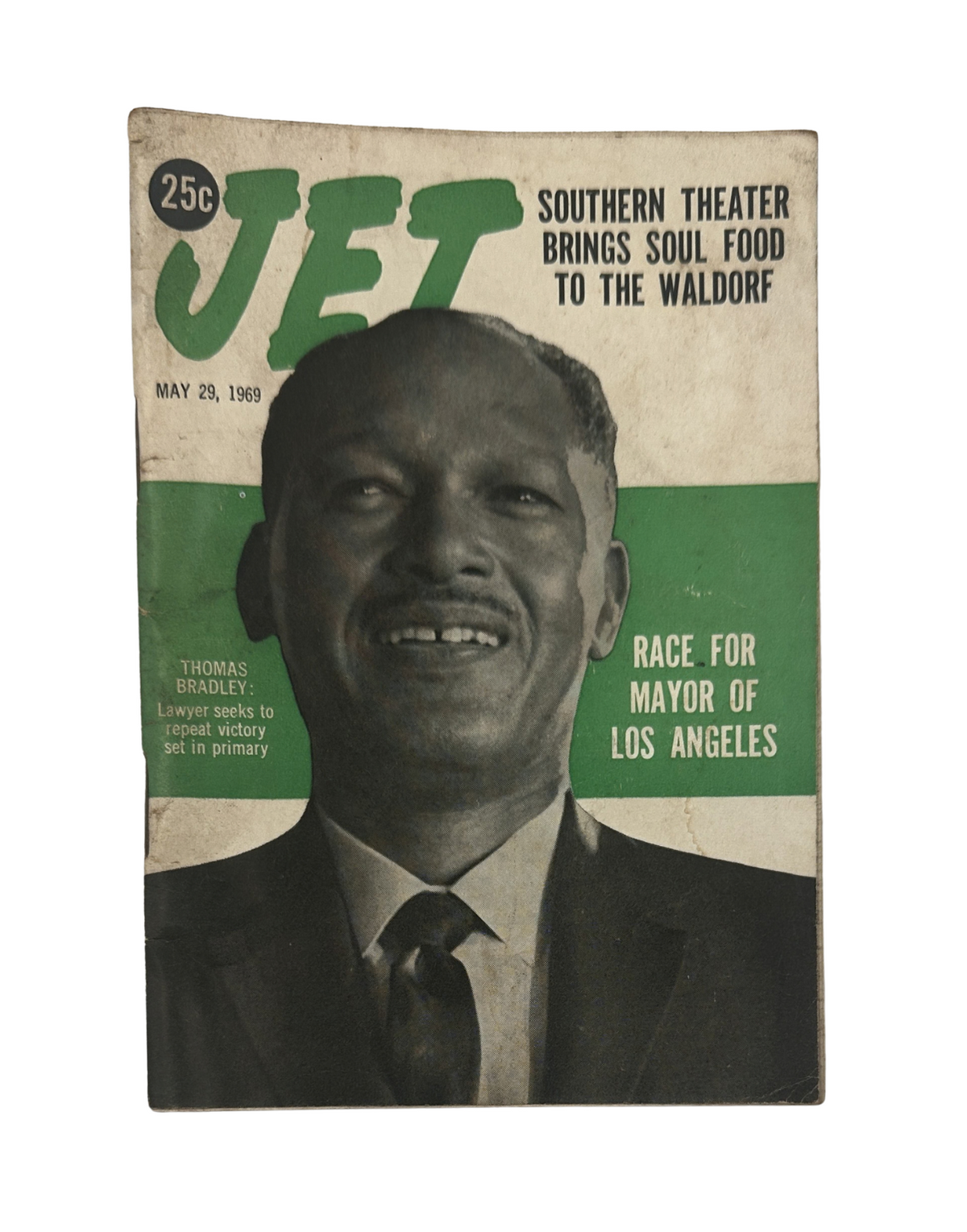 Jet Magazine May 29, 1969 cover featuring Thomas Bradley, candidate for Mayor of Los Angeles, showcasing the headline 'Race for Mayor of Los Angeles' with a portrait of Bradley against a green backdrop.