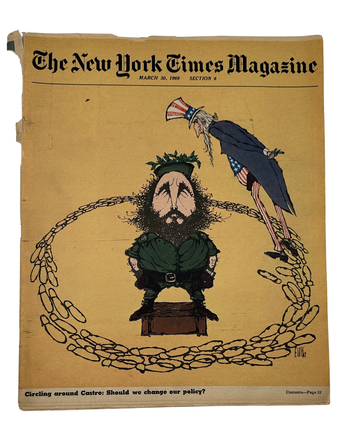 Cover of The New York Times Magazine from March 30, 1969, featuring a cartoon illustrating Uncle Sam pondering U.S. policy towards Fidel Castro, with the title 'Circling around Castro: Should we change our policy?'.