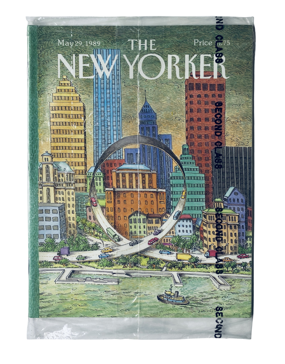SEALED The New Yorker Magazine May 29, 1989 featuring a colorful city skyline with a circular roadway on the cover, depicting a vibrant urban scene. This vintage magazine is brand new and factory-sealed, perfect for collectors.
