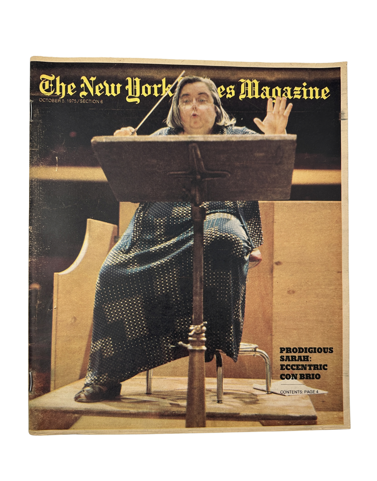 Cover of The New York Times Magazine October 5, 1975 featuring Sarah Caldwell conducting, illustrating her role as an eccentric opera phenomenon.