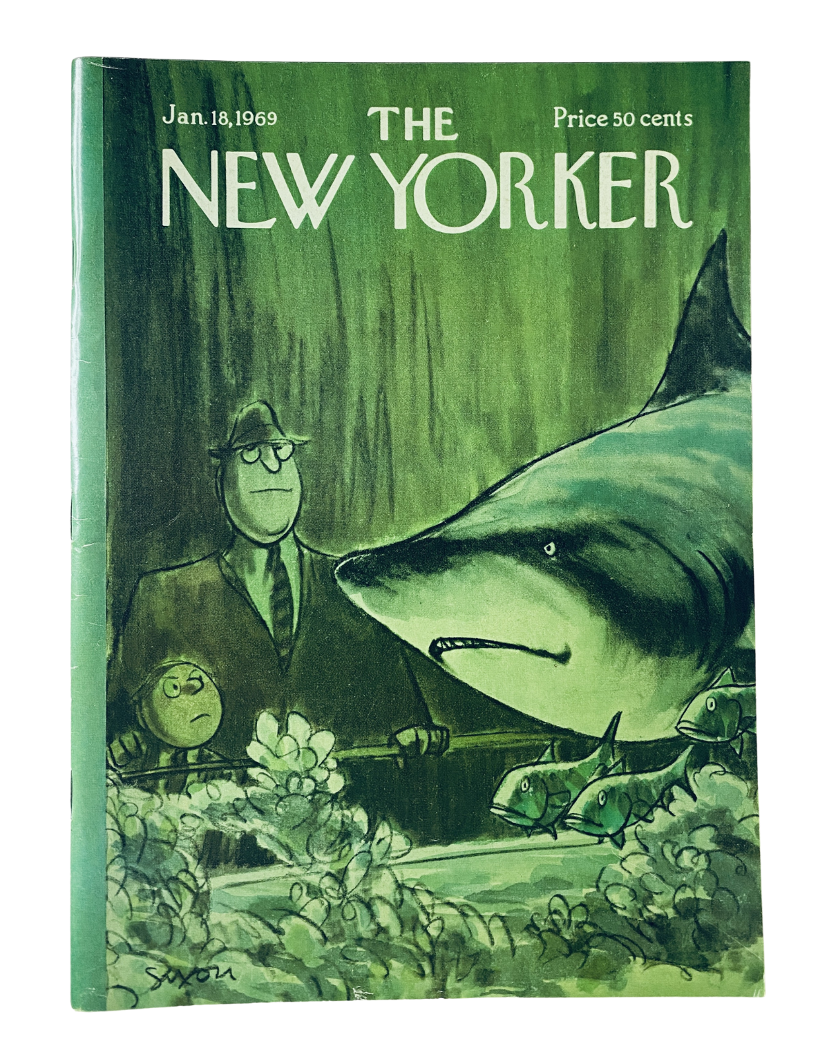 The New Yorker Magazine January 18, 1969 cover featuring a whimsical illustration of a man at an aquarium observing a large shark, showcasing unique artwork by C. Saxon.