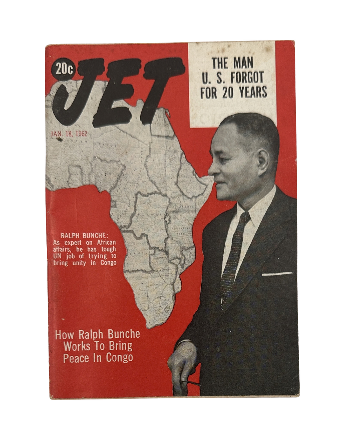 Jet Magazine cover from January 18, 1962 featuring Ralph Bunche discussing his efforts for peace in Congo, showcasing the map of Africa and the impact of his work.
