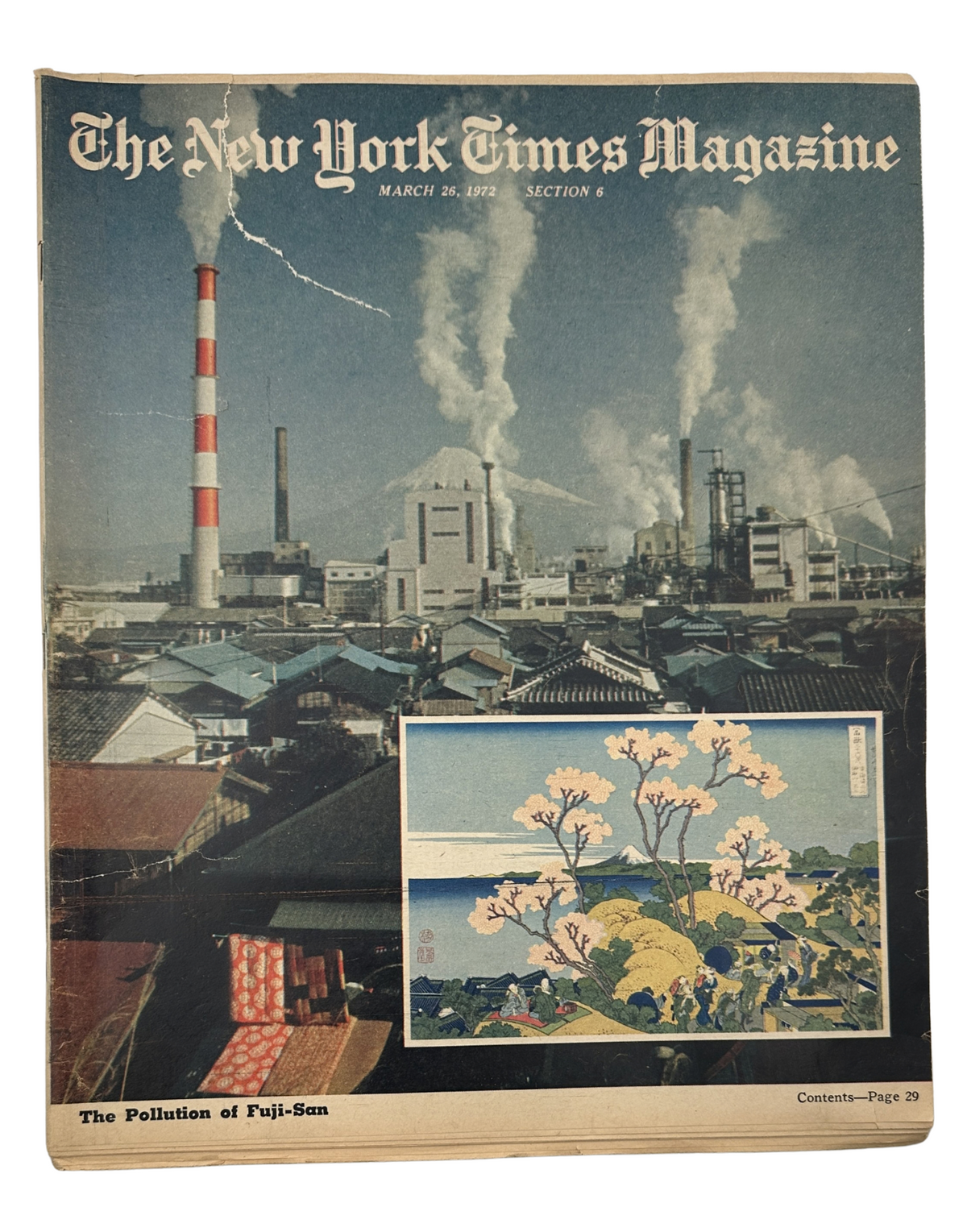 Cover of The New York Times Magazine March 26, 1972, featuring an image of pollution from factories near Mount Fuji, along with an inset artwork of cherry blossoms by Hokusai.