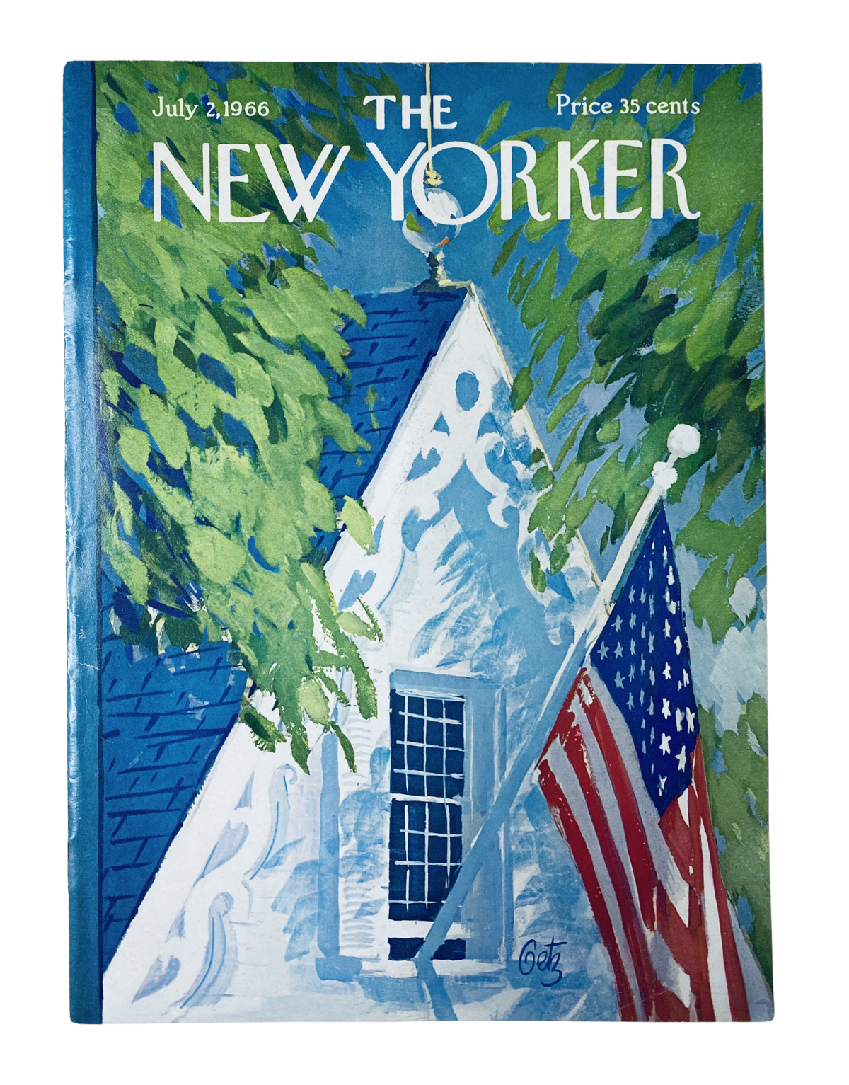 The New Yorker Magazine July 2, 1966 cover featuring an illustration of a church with an American flag. The cover art is by Arthur Getz and showcases a vibrant depiction of the church surrounded by greenery.