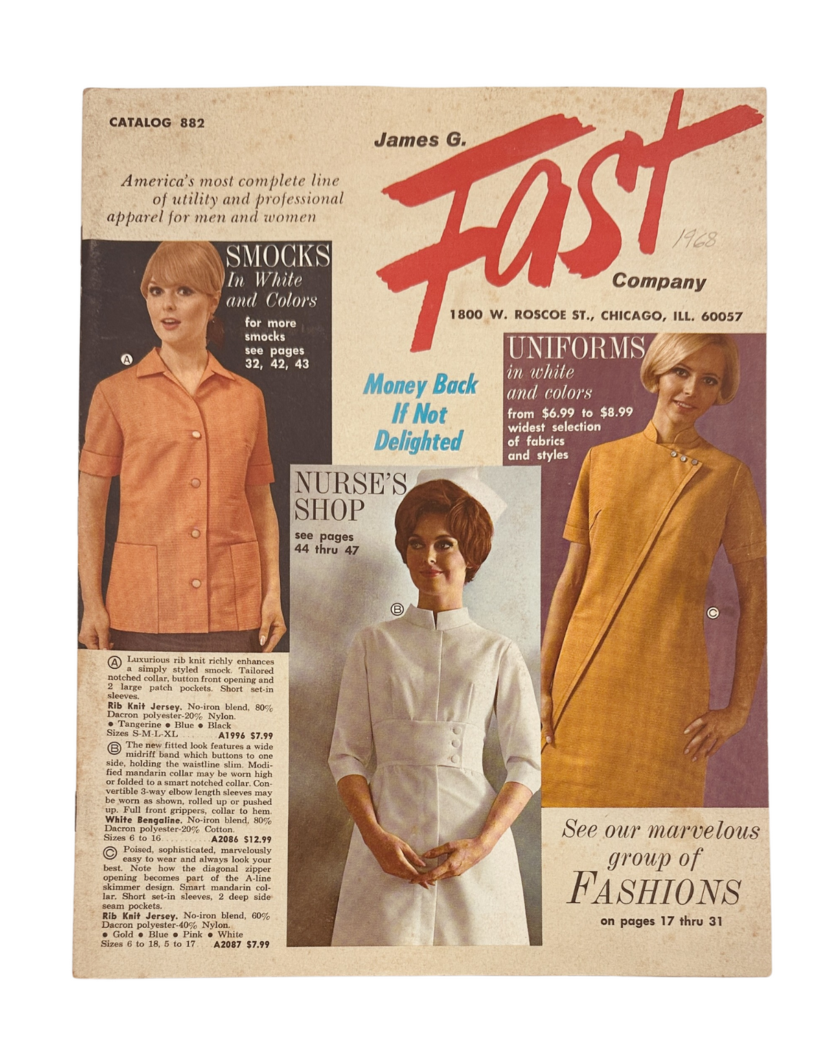 James G. Fast Catalog 1968 featuring nurse uniforms, smocks, and medical apparel on the cover, showcasing vintage fashion and designs from the mid-century healthcare industry.