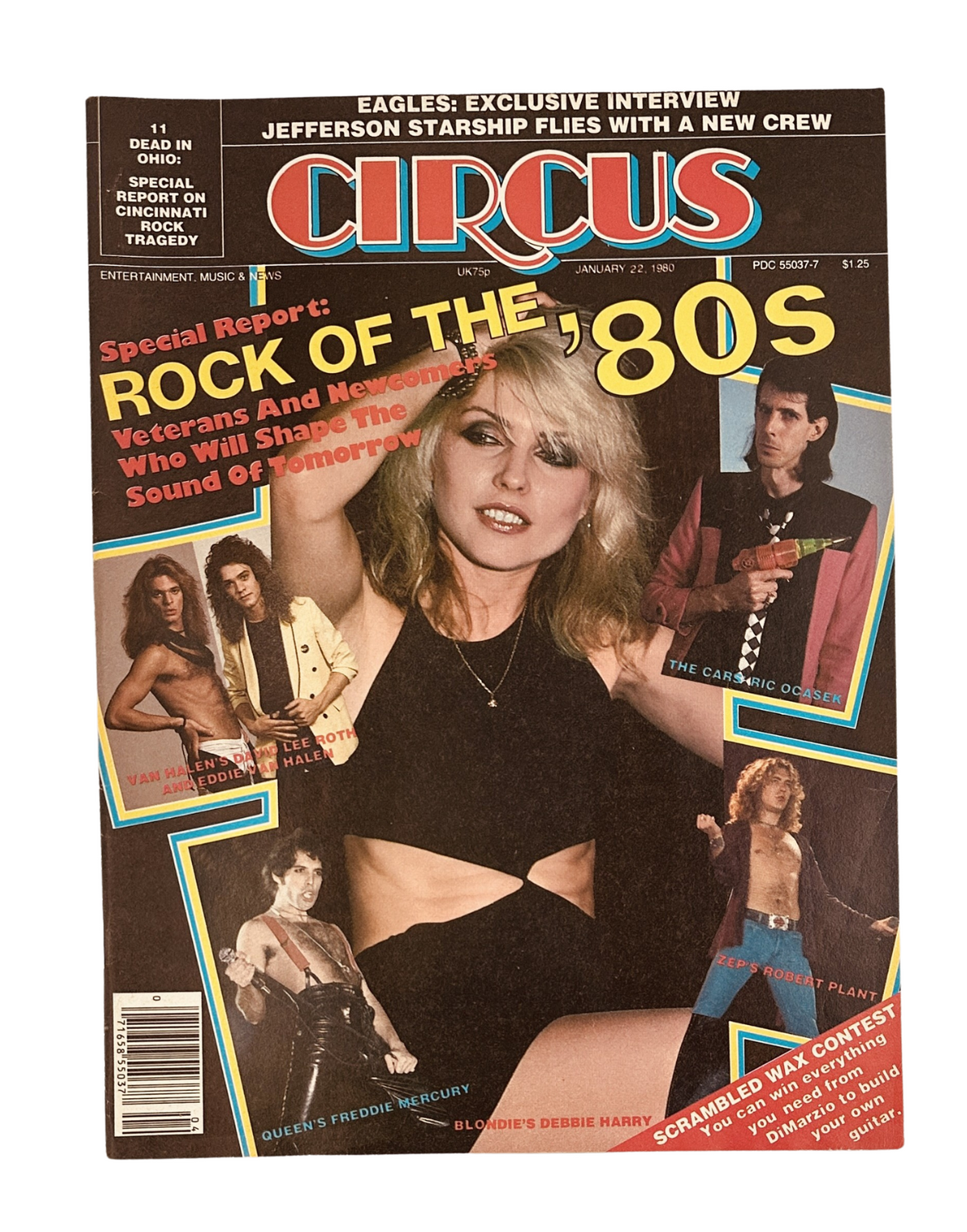 Circus Magazine January 22, 1980 cover featuring Debbie Harry, Van Halen, and the Eagles, highlighting Rock of the '80s and Scrambled Wax Contest.