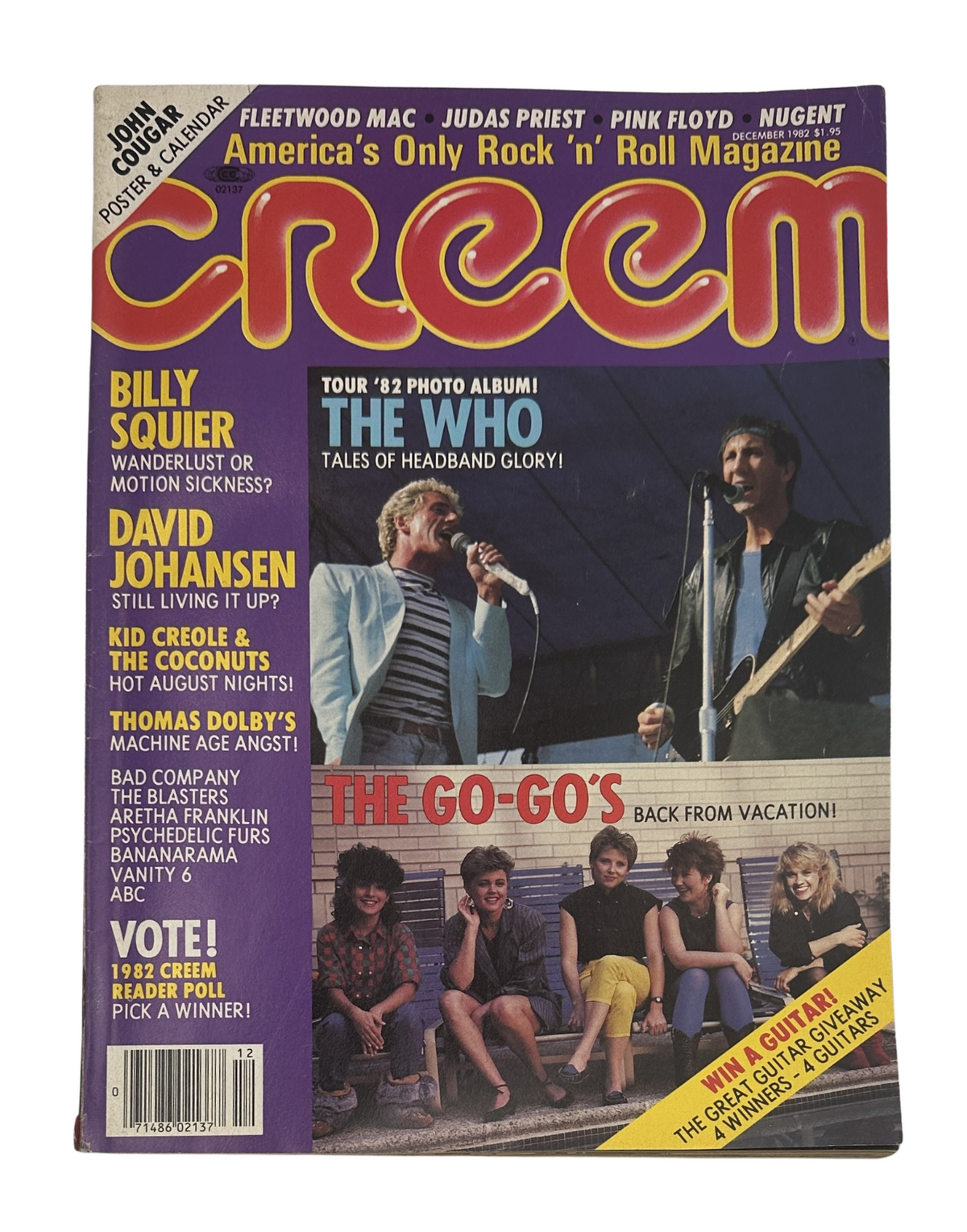 Creem Magazine December 1982 featuring The Who, Billy Squier, David Johansen, and The Go-Go's on the cover. The image showcases a vibrant magazine cover with various headlines and artists from the era, including a mention of the 1982 concert tour.