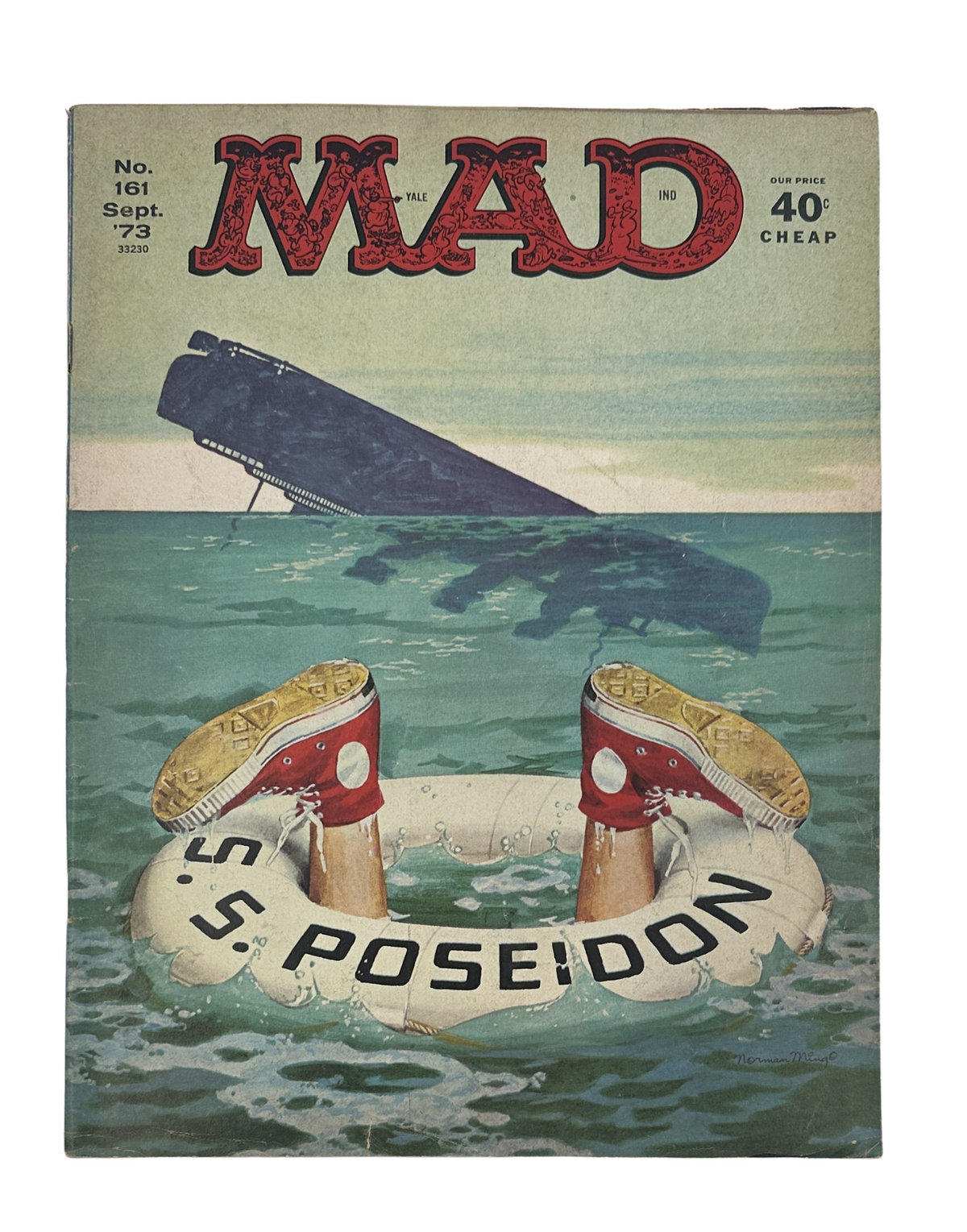 MAD Magazine No. 161 from September 1973 featuring a humorous cover illustration of a lifebuoy labeled 'S.S. Poseidon' with legs protruding, parodying the Poseidon Adventure movie. The issue is graded Fine (FN 6.0) and is noted for its satire.