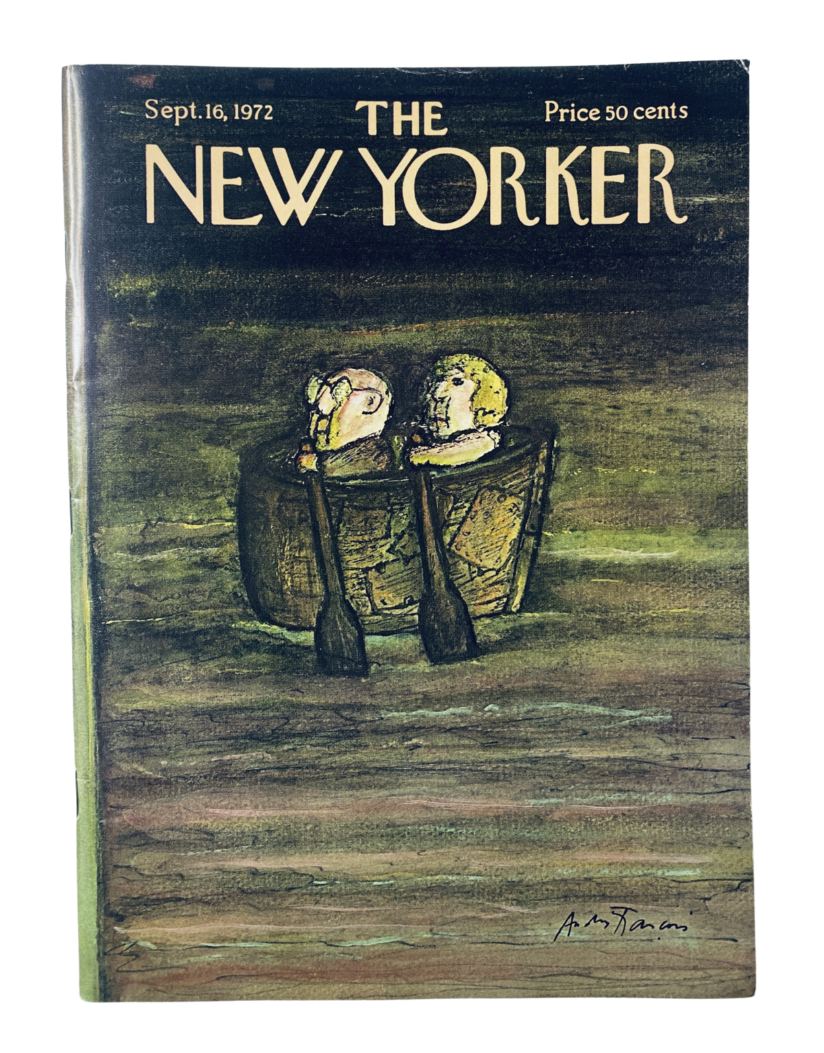 Cover of The New Yorker magazine, September 16, 1972, featuring a whimsical illustration of two men in barrels by André François. The price listed is 50 cents.