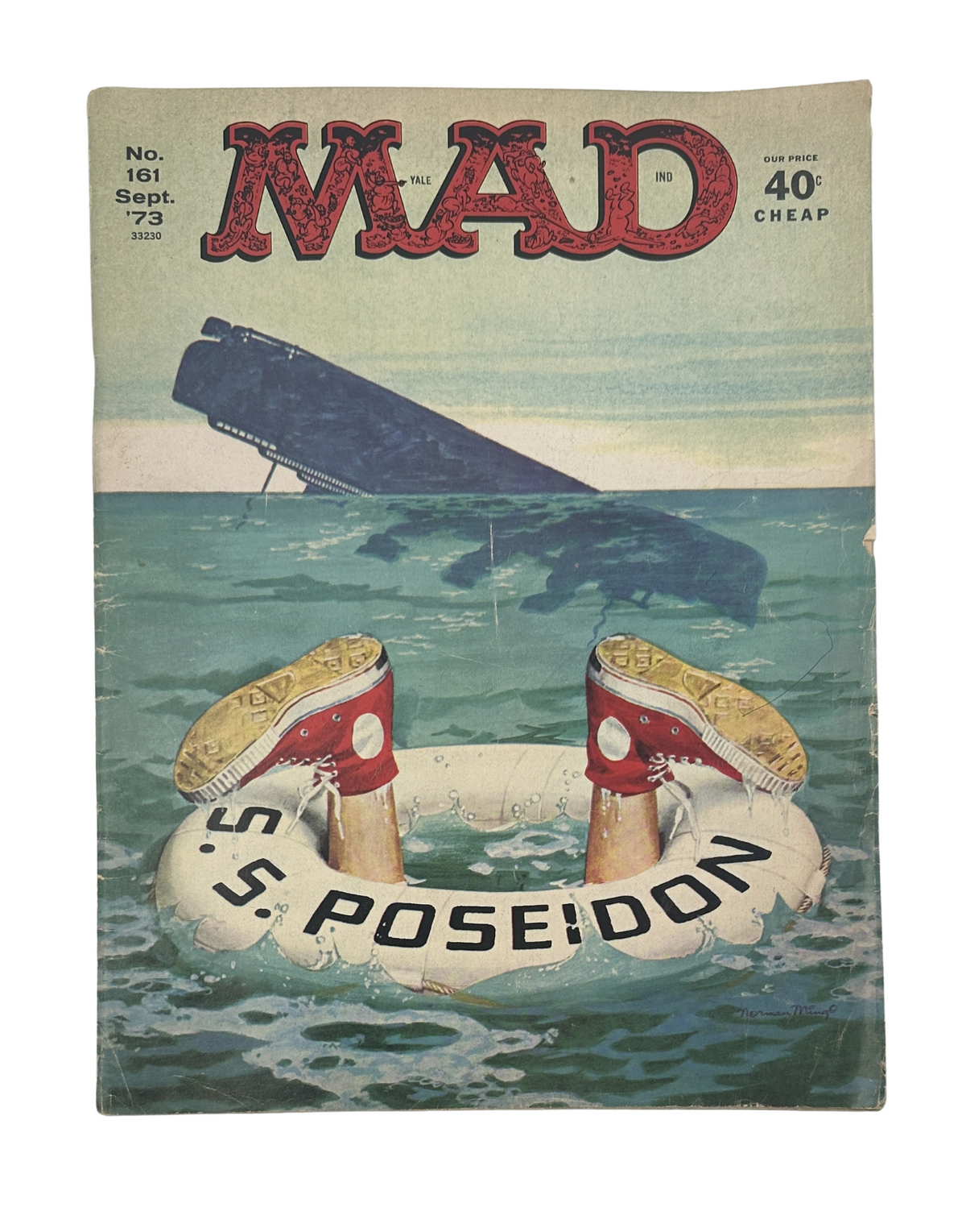 MAD Magazine No. 161 September 1973 cover featuring a humorous illustration of two legs in sneakers sticking out of a lifebuoy labeled 'S.S. Poseidon,' with a sinking ship in the background. This magazine issue is graded Very Good (VG 4.0) and represents the unique satirical style of MAD Magazine.