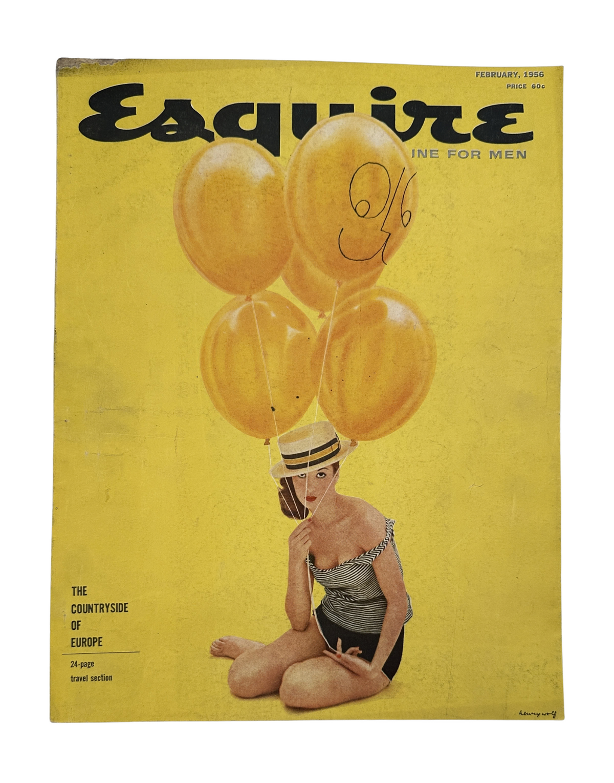 Esquire Magazine February 1956 cover featuring Marjorie Hellen with balloons, showcasing travel content about Europe.
